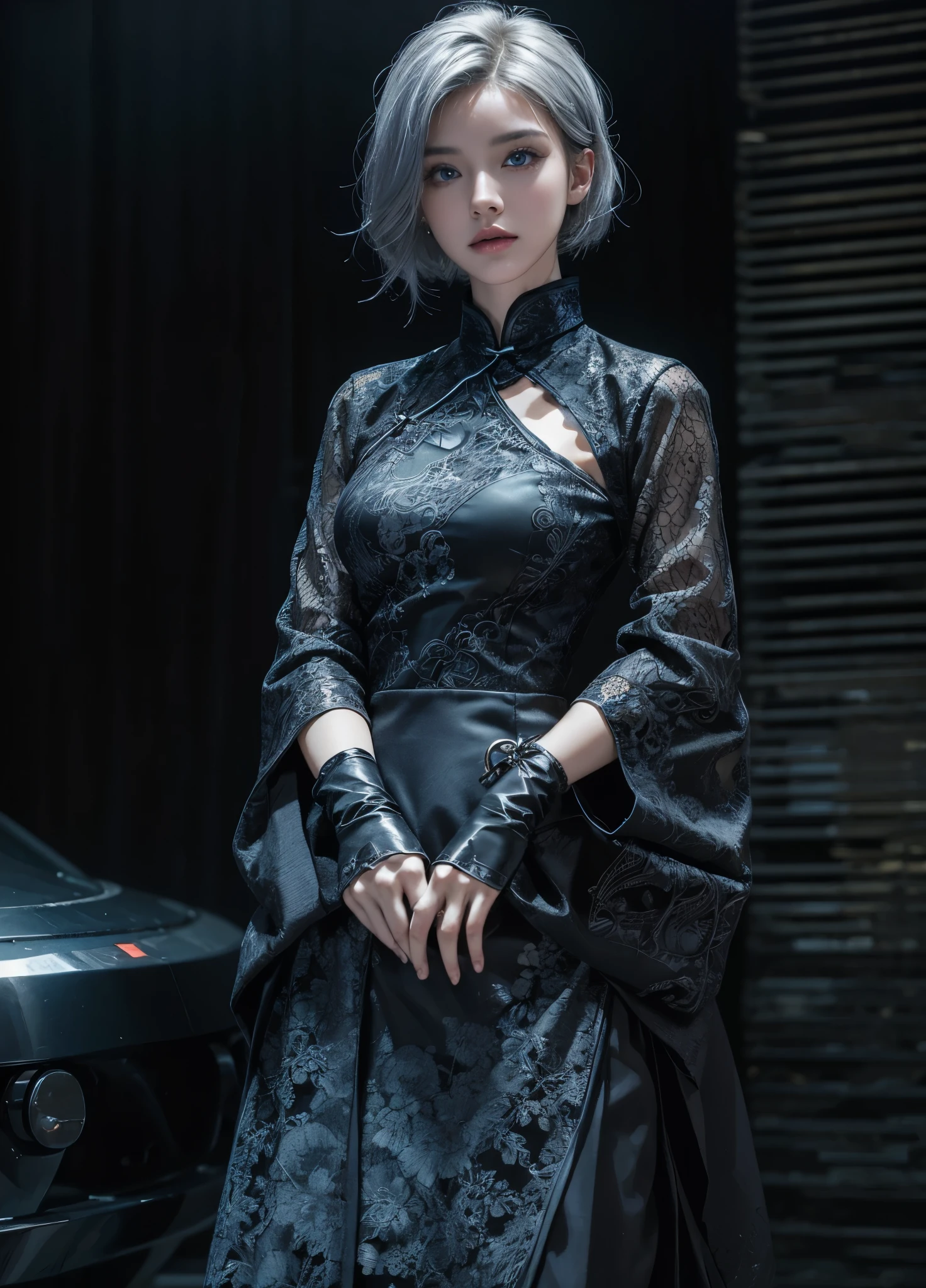 ultra detailed, beautiful, masterpiece, best quality, _ BREAK Beautiful and cute perfect model, Tightened all body, medium Breasts, _ BREAK (short hair, _ BREAK Perfect geometric art to match fashion background, blurry background, Fog, mist, _ BREAK (all body shot, standing and model pose:1.6), BREAK (Cyber punk chinese dress, wide Sleeves:1.3), (black theme:1.3), (mandarin collar:1.2), (intricate patchwork of lace and leather:1.2), (triangular silhouette skirt:1.2), (gray hair, blue eyes:1.2),