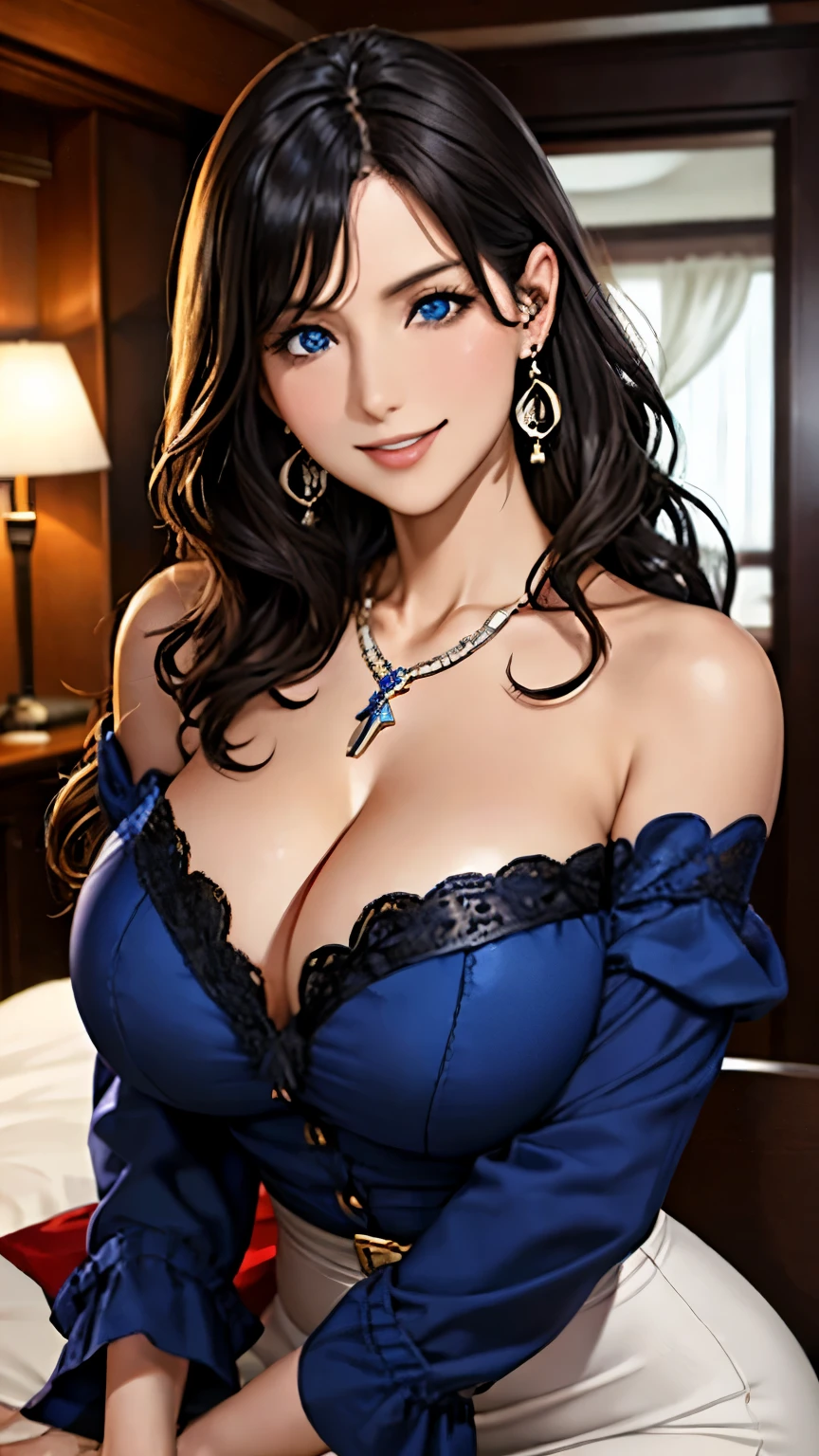 woman((30 years old)), hair((black, wavy)), blue eyes,cute eyes、Crowsex Maradores, long sleeve), accessories ((necklace, earrings)), huge breasts, Classic bedroom, pirate ship, smile,(saggy breasts)