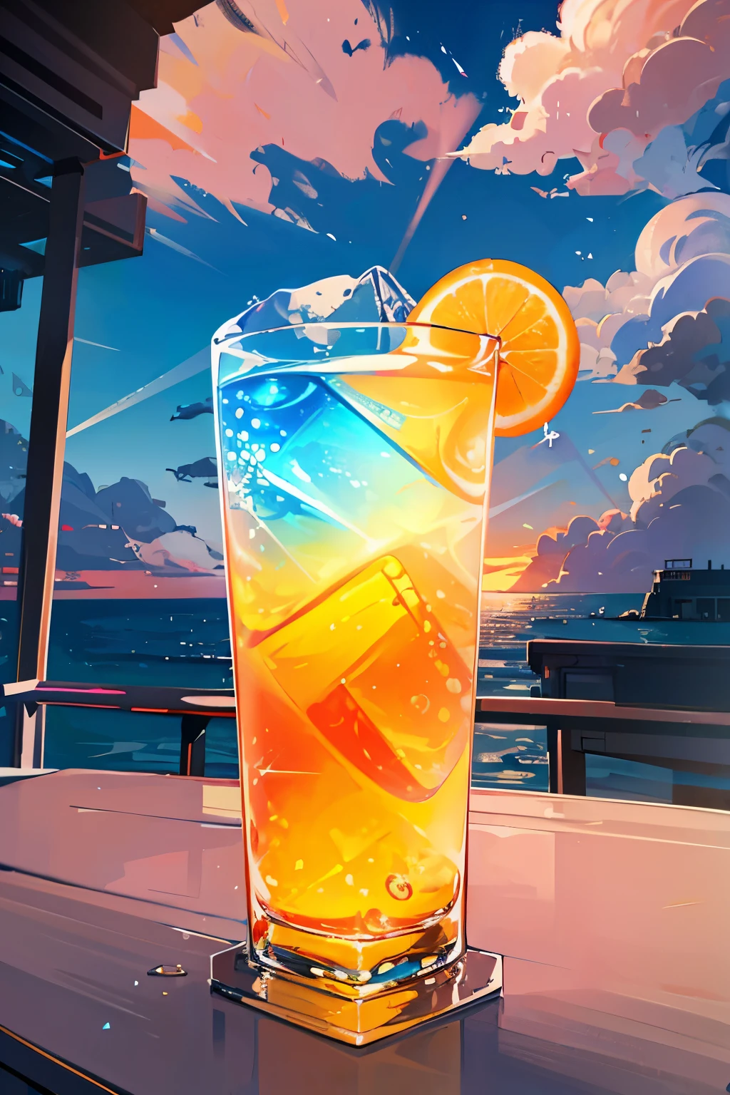 No Man, iced tea, thinly sliced orange、Yellow to blue, nice, Color straws, ice cube, Aoba, outdoors, clear blue sky, beautiful clouds 、On the terrace facing the sea、