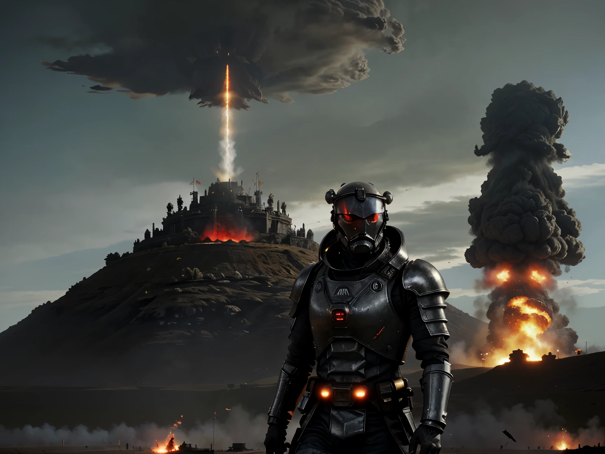 Future Battlefield，Alien Civilization War，Gunsmoke fills，A small mound，A red flag is planted on it，A soldier in armor，full armour，The background is the army of the SA，The picture is stunning，Magnificent，Magnificent，in the style of futuristic，No bad pictures