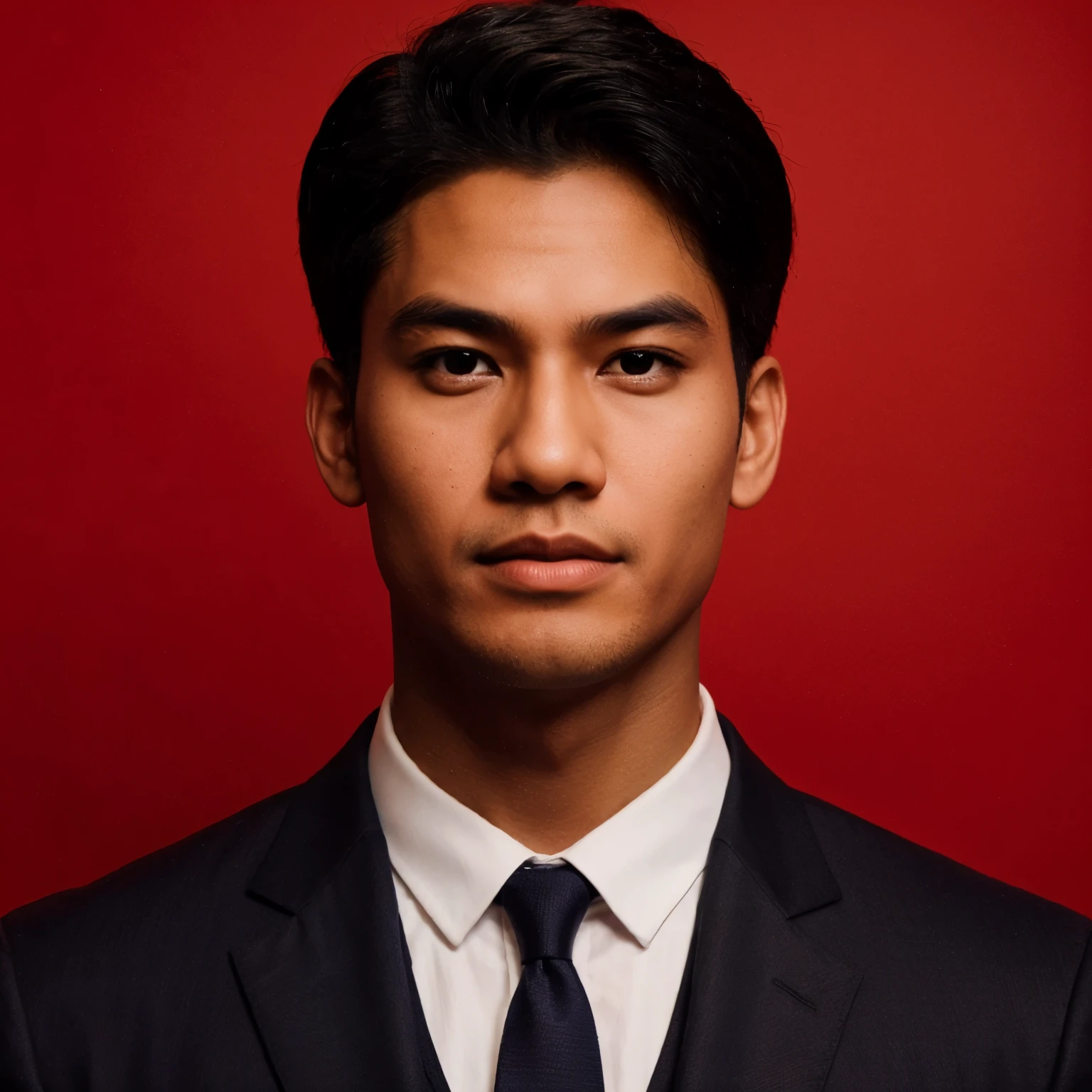 Indonesian man, tanned skin, in formal suit, red background, Cimetrical, formal photography, perfect lightning.