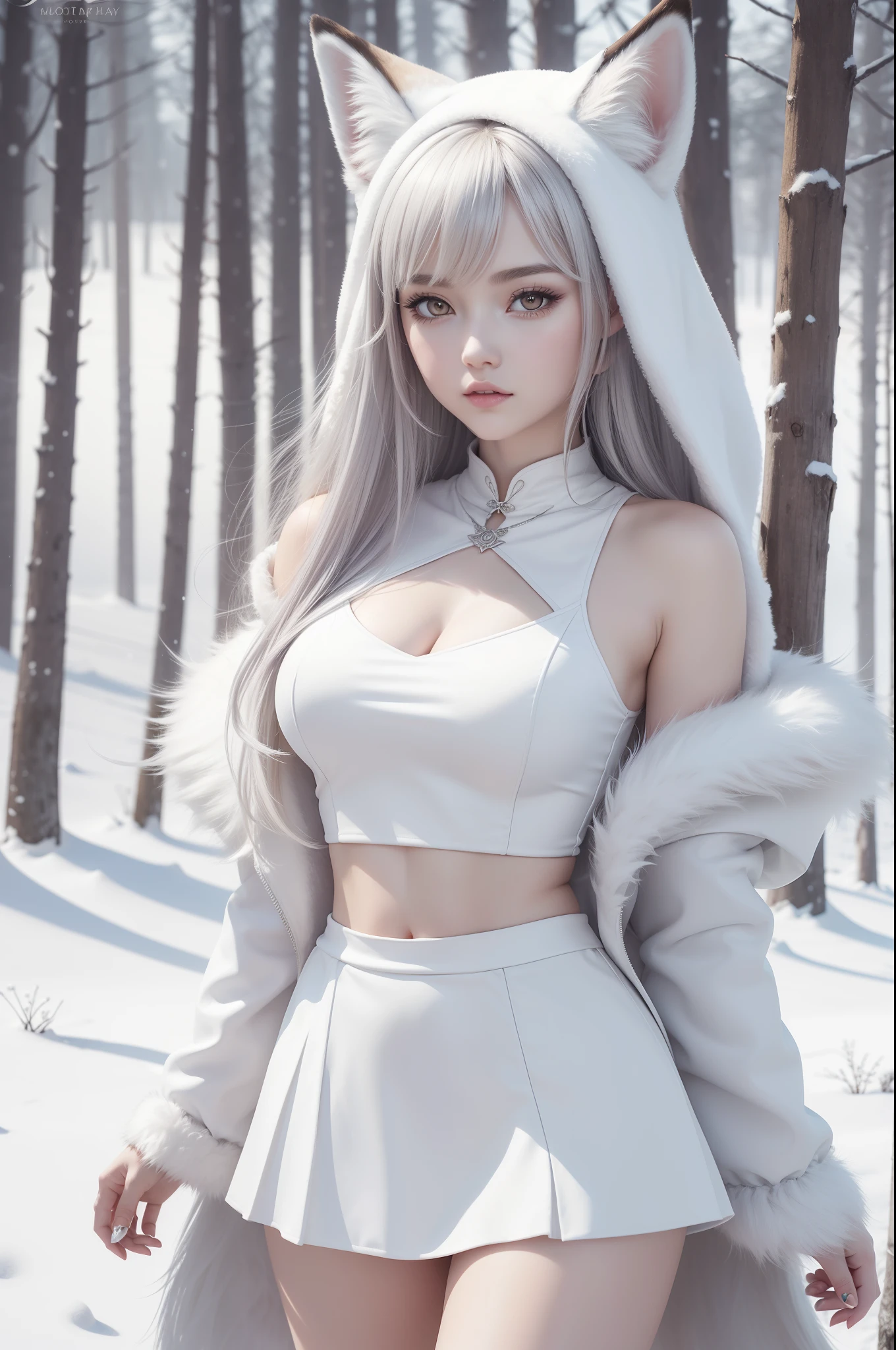 Masterpiece, best quality, high details, high quality, photorealistic, high detailed, hyper-detailed, perfect face, (a beautiful young fox girl, furry female, fox girl, white fox, Arctic fox, cute girl, fluffy fox tail), smirk, smug, (Thick layered medium double-tailed hairstyle, full layered thick hair, full layered hair thick), silver hair, (white fur cropped top, short skirt, fur hoodie coat, ribbon), narrow waist, thick thighs, long eyelash, light pink lips, glossy lips, eyeliner, (snowy weather, snow, In the middle of a field of white roses, posing in a roses field), snowy weather as background, fantasy art, 8k high quality detailed art, colorful fantasy mixed with realism, gothic art style, CGI anime fantasy artwork, charming, white and platinum color schemes,