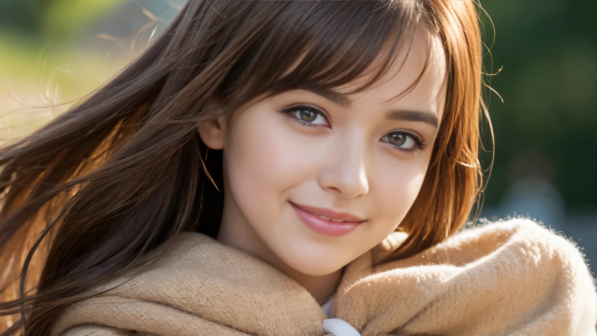 masterpiece, Best Quality, Photorealistic, Ultra-detailed, finely detailed, High resolution, 8K Wallpaper, 1 beautiful woman, light brown hair, Perfect dynamic composition, Beautiful detailed eyes, detailed hairs, Detailed realistic skin texture, Smiling, portrait, Model body type, The background is the village of Lauterbrunnen, Switzerland,