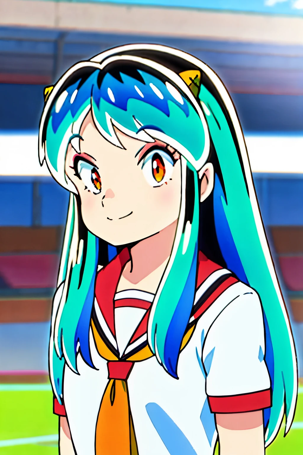 lum, 1girl, gym uniform, buruma, sport festival, stadium, smile,