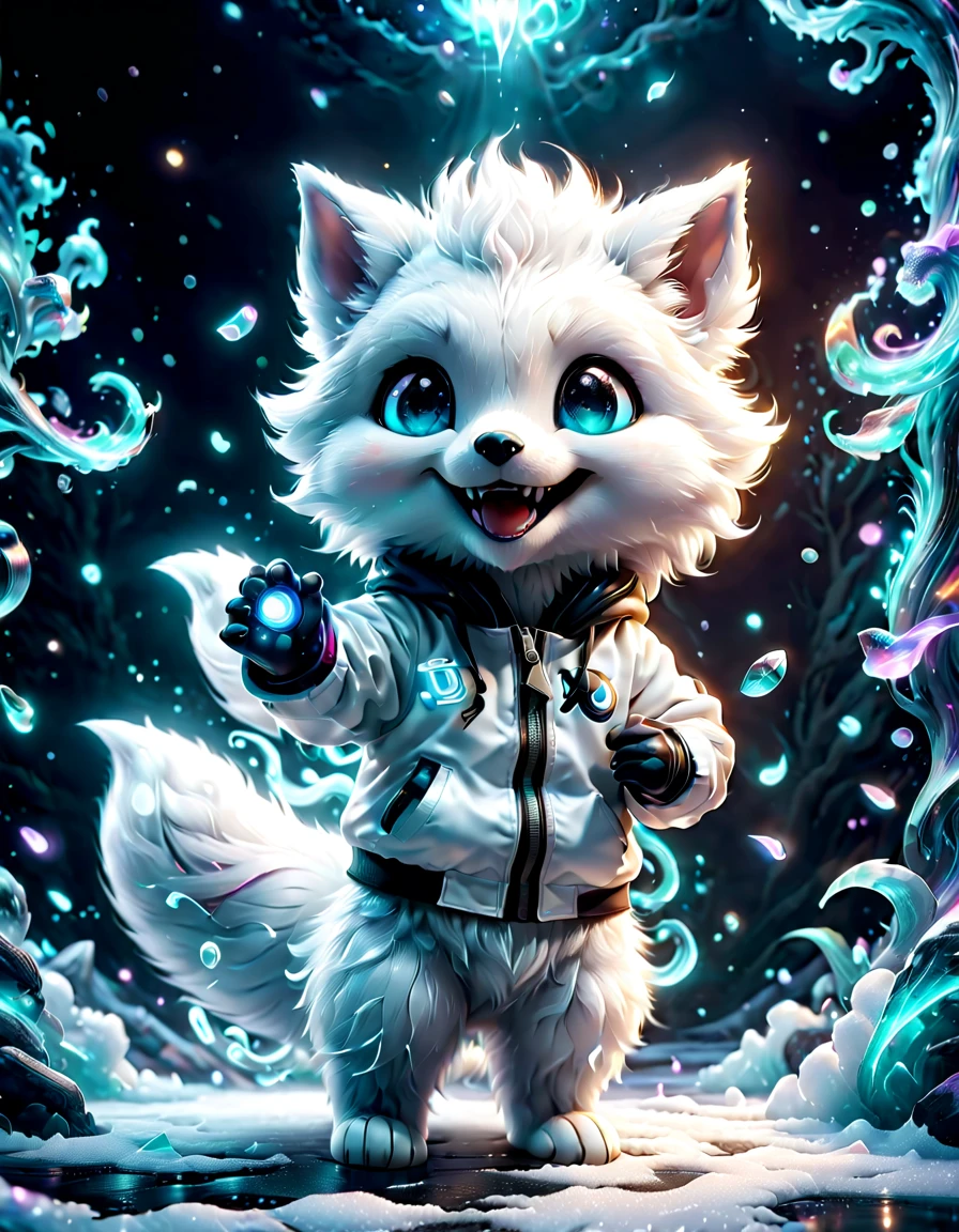 cuteillustration北极狐屋，Snow white arctic fox，hibernation，cute，sleep，Comfortable and warm，looks very happy，illustration，Popularity，Colorful，draw with thick lines，color，dim，light，hibernation的北极狐正在睡觉，have a happy dream，The house is warm and full of happiness，Colorful，gaudy，fantasy，patchwork，Quilt，details details，fluffy，