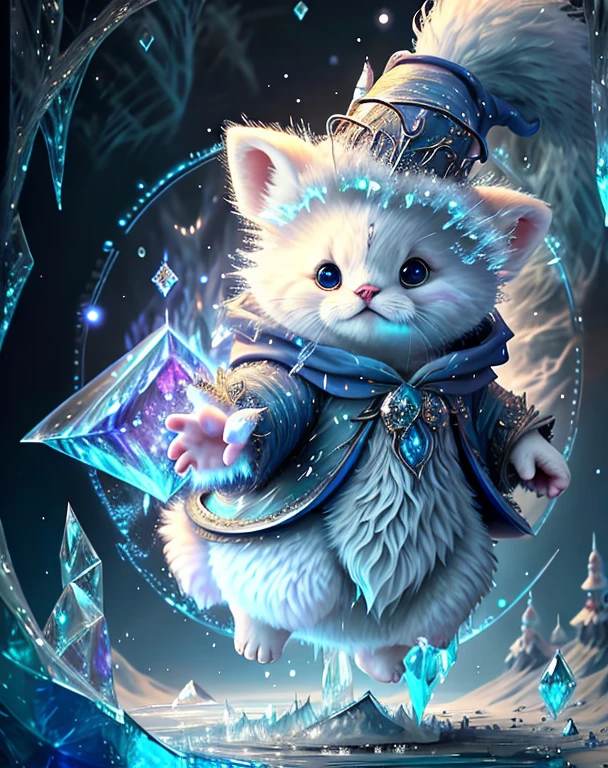 Top image quality、"Create cute creature masterpieces with inspired ultra-detailed concept art. Let your imagination come alive", （ermine）, high detailing, in 8K、Top image quality、jump up、uses magic、(((((Ice magic in the background)))))、(((((Wizard's attire)))))