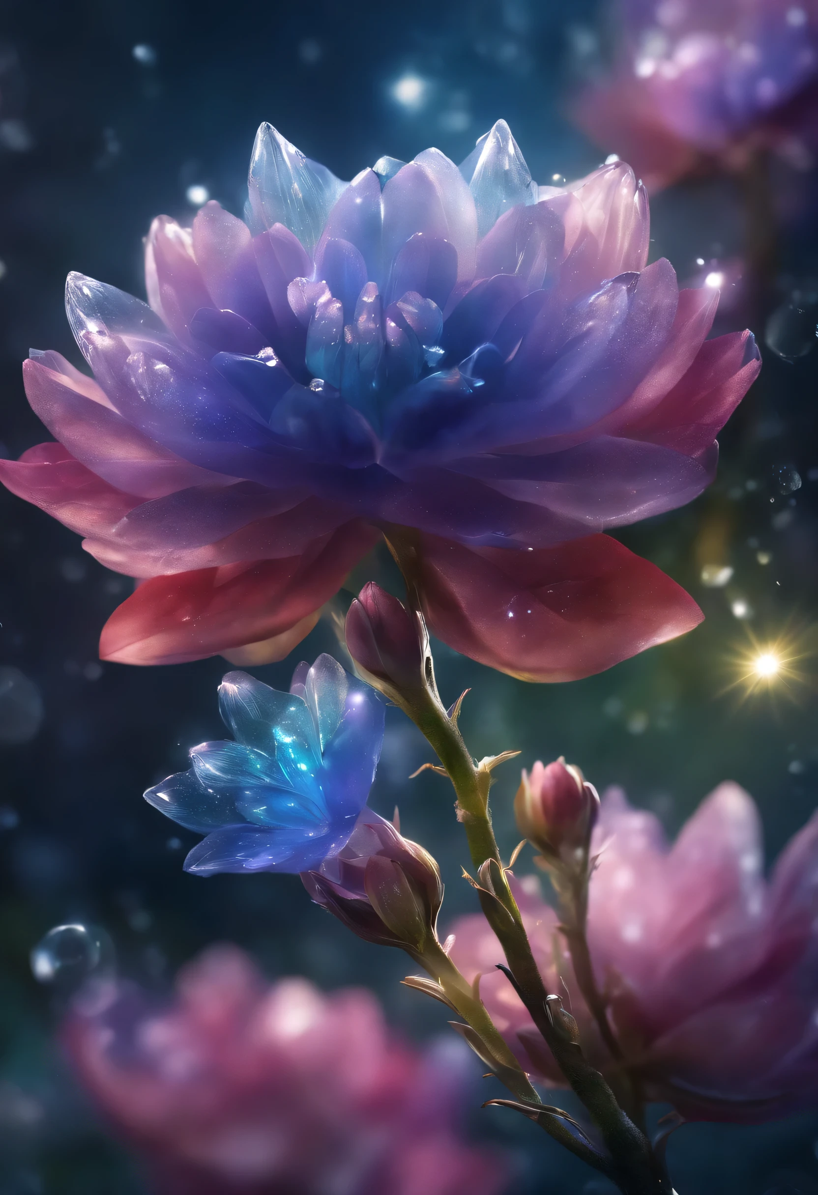 Crystal Spring Flowers, fantasy, galaxy, transparent, shiny, shiny的, outstanding, colorful, amazing photography, dramatic lighting, photorealism, super detailed, 4k, depth of field, high resolution