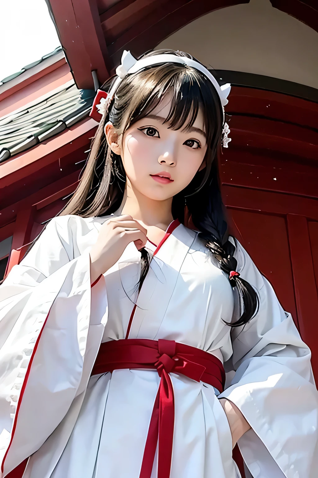 white and red shrine maiden clothes、Adult Beautiful Priestess、Black Hair Upstyle、((whole body))、(((photo taken from below)))、shrine