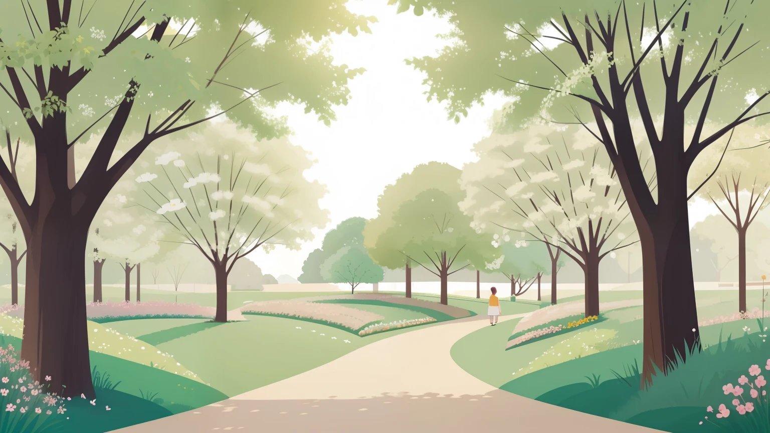 A minimalist digital illustration with a soft green background, resembling the lush hues of early spring in March. Sparse figures leisurely walk along a winding path through a tranquil park, surrounded by budding trees and patches of vibrant flowers, capturing the simplicity and beauty of the season.