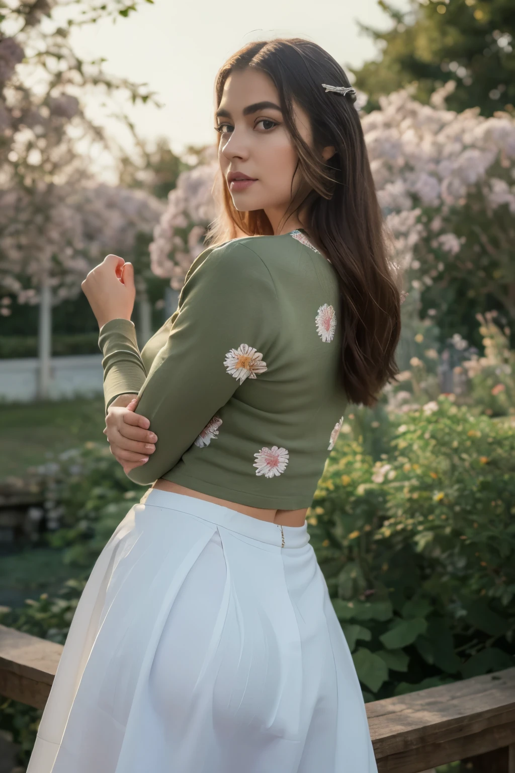 (best quality,4k,highres,masterpiece:1.5),ultra-detailed,(realistic,photorealistic,photo-realistic:1.37), beautiful girl 24 years old, beautiful detailed eyes,beautiful detailed lips,extremely detailed eyes and face,longeyelashes,1girl,illustration,soft lighting,vibrant colors,bokeh,romantic,dreamlike,ethereal vibe,Full Body Professional Photo, (Photo 4K:1.1) (Sharp Focus:1.1), High Detail, Woman in(beautiful chrysanthemum garden:1.2), Pretty Buttocks, long Hair, Instagram Pattern Pose, confident, slim girl, big tits:1.2, perfect anatomy, perfect symmetry:1.2, Realistic, realistic face:1.3, perfect face, content, confident, very detailed, and dramatic, cinematic lighting, Lighting scene, soft lights graceful movement, full body photography, (((masterpiece :1.5))), photoreal acmm ss outfit, wearing acmm top, light purple acmm top, short sleeves, buttons, wearing acmm long skirt, white and pink with printed acmm long skirt, acmm ls outfit, wearing acmm top, olive green acmm top, long sleeves, wearing acmm long skirt, olive green acmm long skirt, printed skirt