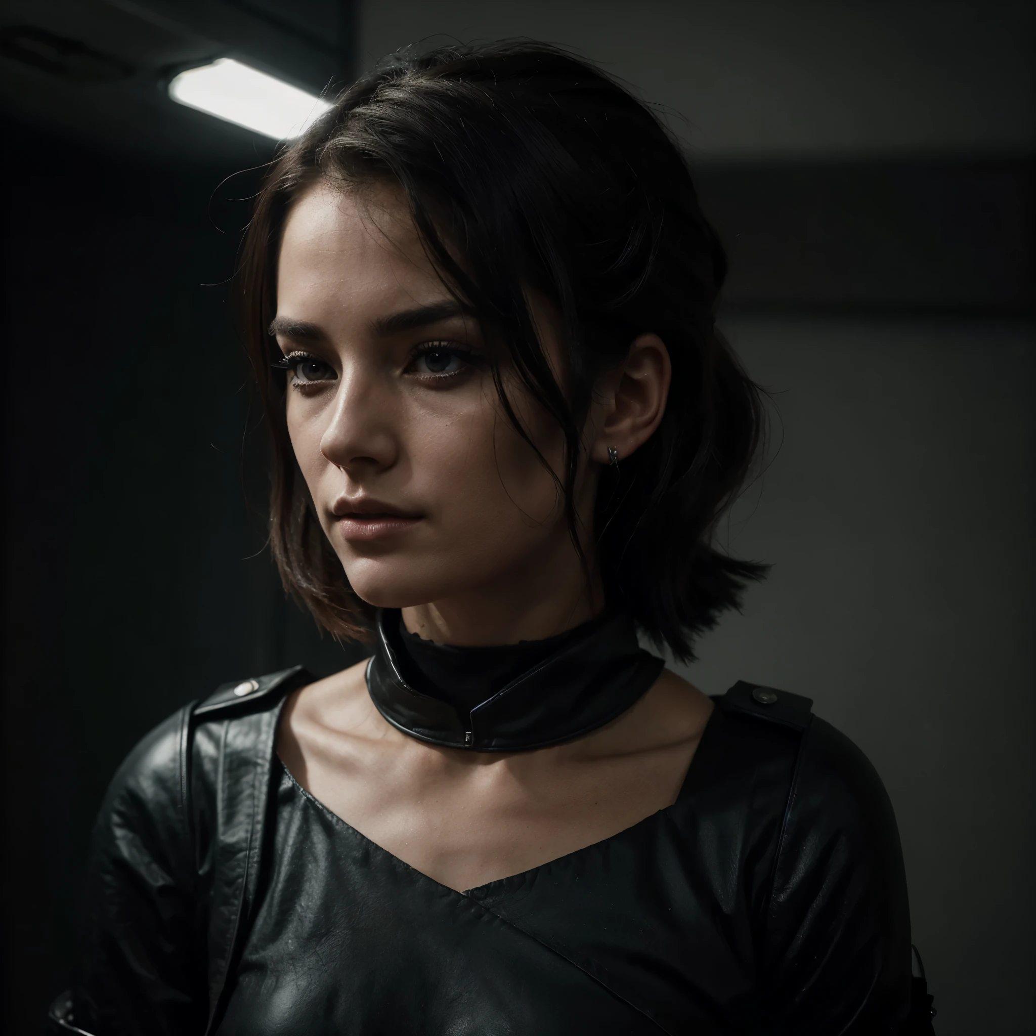 Create a realistic portrait of Kera Marchen, capturing her commanding presence and inner turmoil. Highlight her striking features, including porcelain skin, piercing dark eyes, and flowing midnight hair, in a manner that conveys both beauty and intensity. Ensure her attire reflects her high-ranking officer status and affiliation with ideologies and Supervillain incorporating symbols of power and authority. Depict Kera in a cinematic style, evoking the atmosphere of a dark and dystopian world, with shadows hinting at the internal conflicts and moral dilemmas she faces. Capture her essence with precision, conveying the complexity of her character and the relentless drive that defines her journey.
