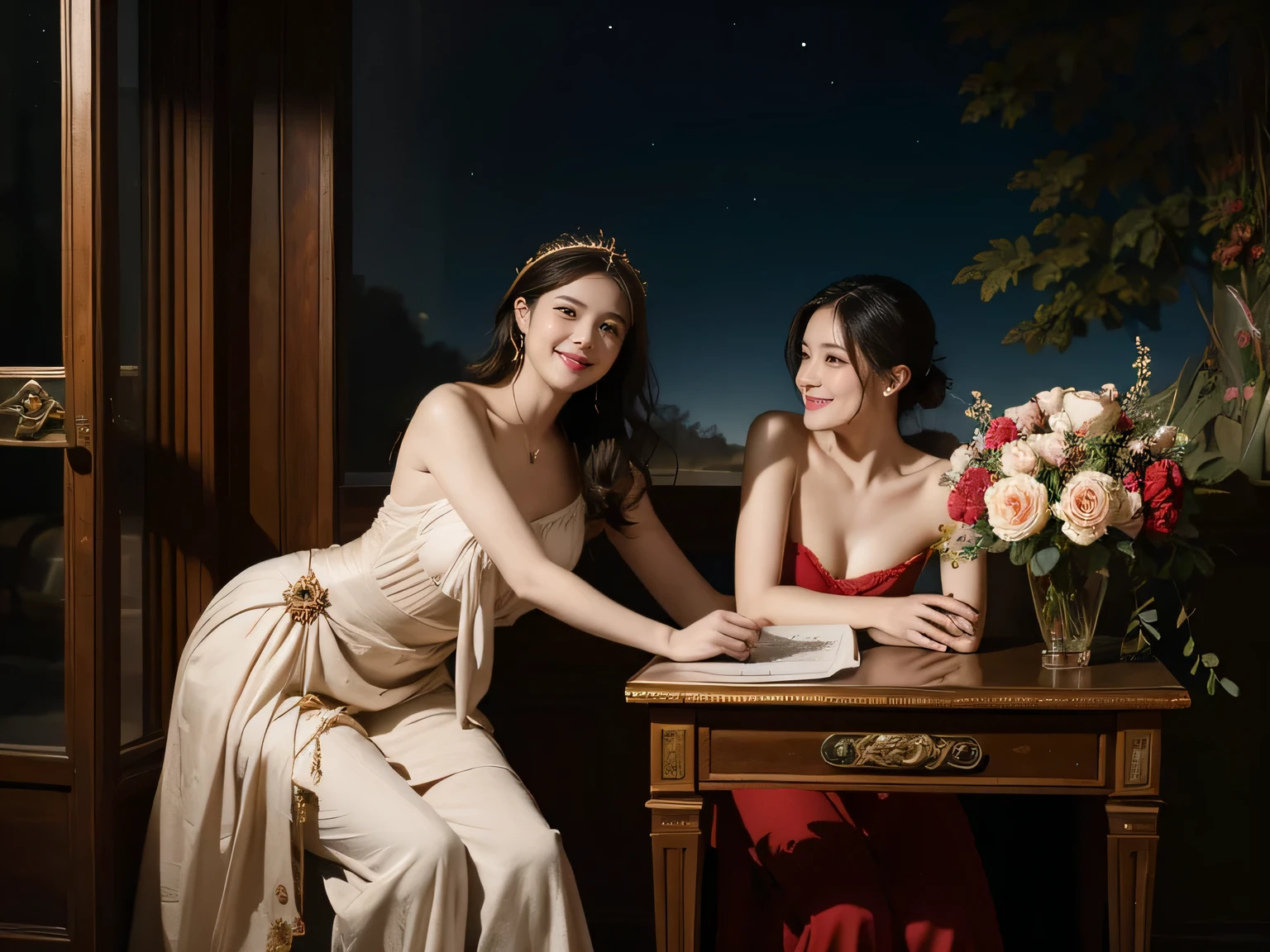 Jacques-Louis David painting style,Arguments of two female Philosophe,math、astronomical machine、astronaut、roses in vase、fruits、Cute trinkets、smile、ancient greek costume、Background is a forest lake at night 、Clothes that stretch your shoulders、A big smile、beautiful bare skin、A detailed representation of the seducing woman throughout her body.