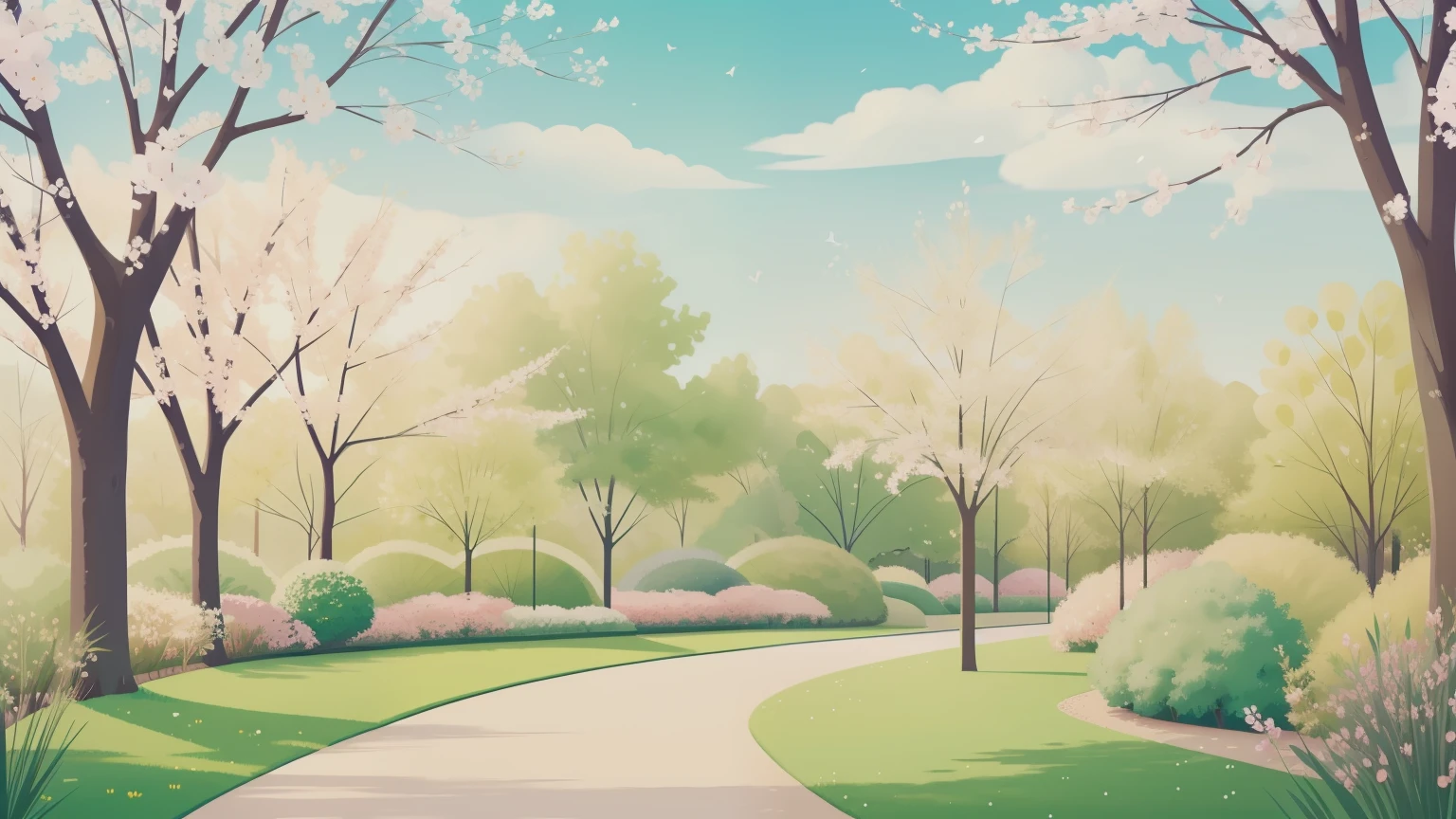 A minimalist digital illustration with a soft green background, resembling the lush hues of early spring in March. Sparse figures leisurely walk along a winding path through a tranquil park, surrounded by budding trees and patches of vibrant flowers, capturing the simplicity and beauty of the season.