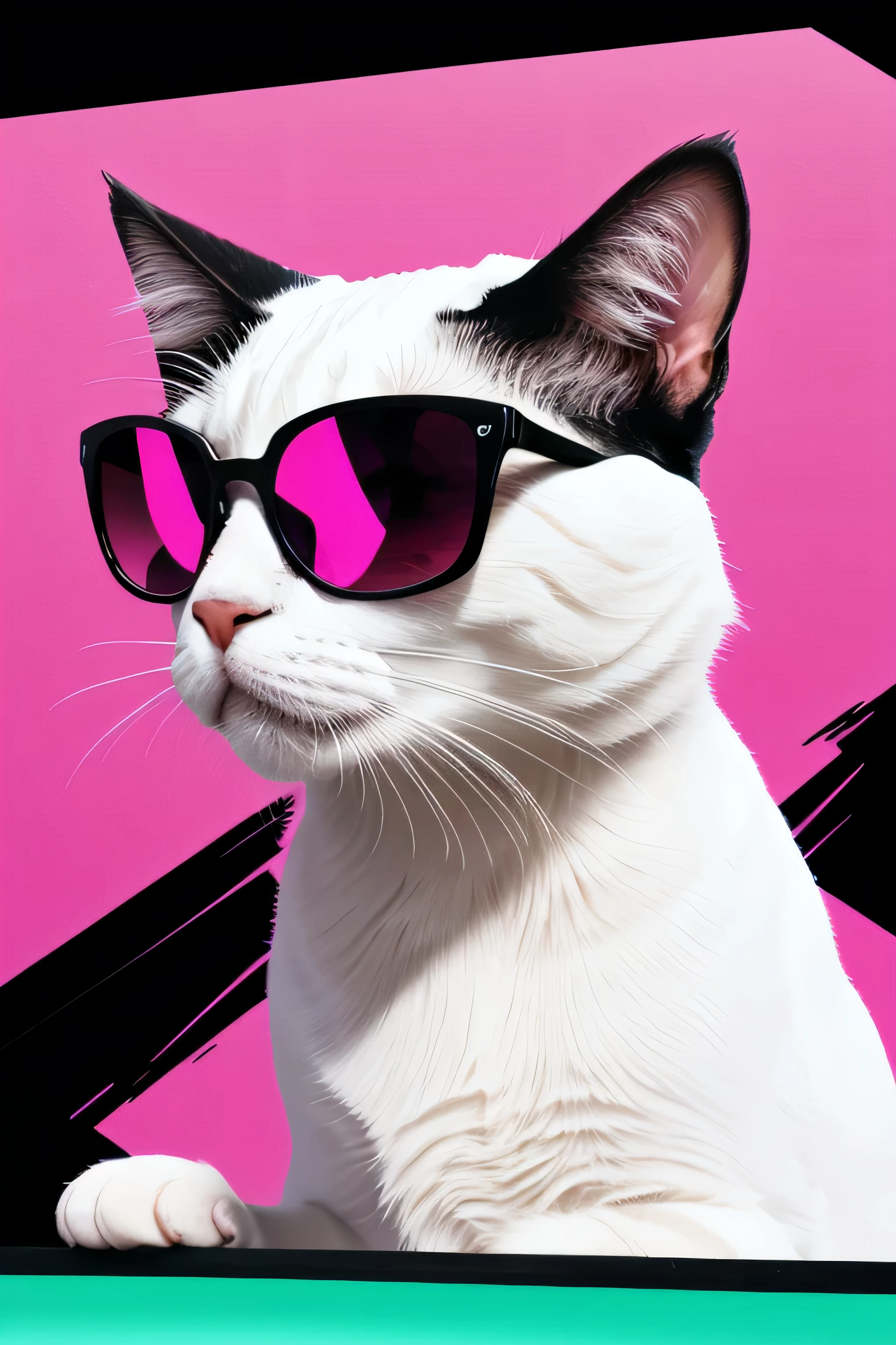 distance from view, vector for t-shirt design, white cat with shapes pink sunglasses standing on the green and yellow panels behind, in the style of ethereal light effects, minimalistic portraits, dark black and pink, intense gaze, colorful installations, portraits with soft lighting, bold lines, vivid colors -