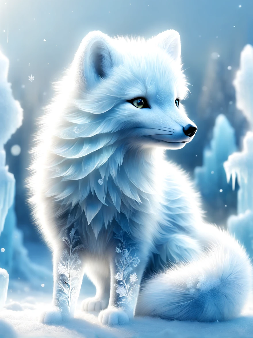 Crystal style, High quality fantasy art of beautiful arctic fox made of clear crystal, glow within, Exquisite statues, kawaii, chibi, Lovely, Arctic foxes are famous for their elegant white fur and agile posture,They stand out in the snow-covered Arctic environment。Let's imagine,An arctic fox walks through the frozen ground and snowdrifts on a cold winter day,Its steps are light and faseems to blend perfectly with the surrounding white snow。Its fur shines in the sun,Reflects dazzling white light,Surrounded by a field of pure white snow,Occasionally decorated with ice and snowflakes。The arctic fox's eyes are focused and penetrating,Revealing its keen perception of the environment and survival wisdom。this moment,Arctic fox looking for food or exploring its territory,Every movement it makes looks particularly elegant and confident。