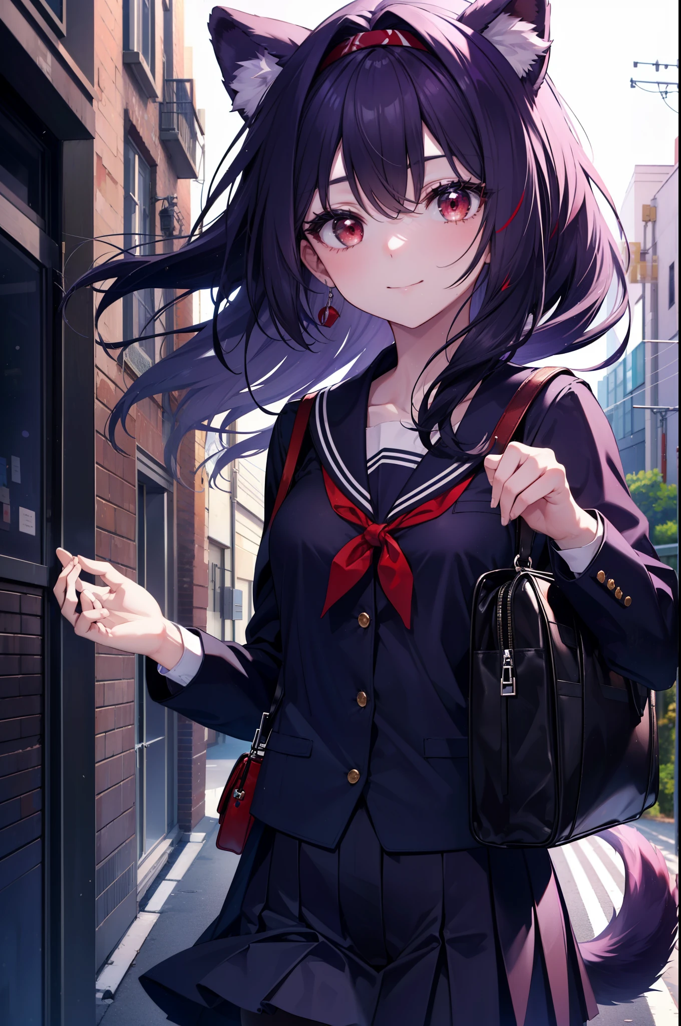 Yuki Konno, Yuki Konno, hair band, long hair, animal ears(drooping dog ears,dog tail), purple hair, (red eyes:1.5), (small breasts:1.2),smile ,Japanese high school girl uniform(black sailor suit),red cardigan,black pleated skirt,white pantyhose,black loafers,He breaks his school bag and looks at the audience., Upper body, whole body,
rest outdoors, city,Break it on the way to school (masterpiece:1.2), highest quality, High resolution, unity 8k wallpaper, (shape:0.8), (beautiful and detailed eyes:1.6), highly detailed face, perfect lighting, Very detailed CG, (perfect hands, perfect anatomy),