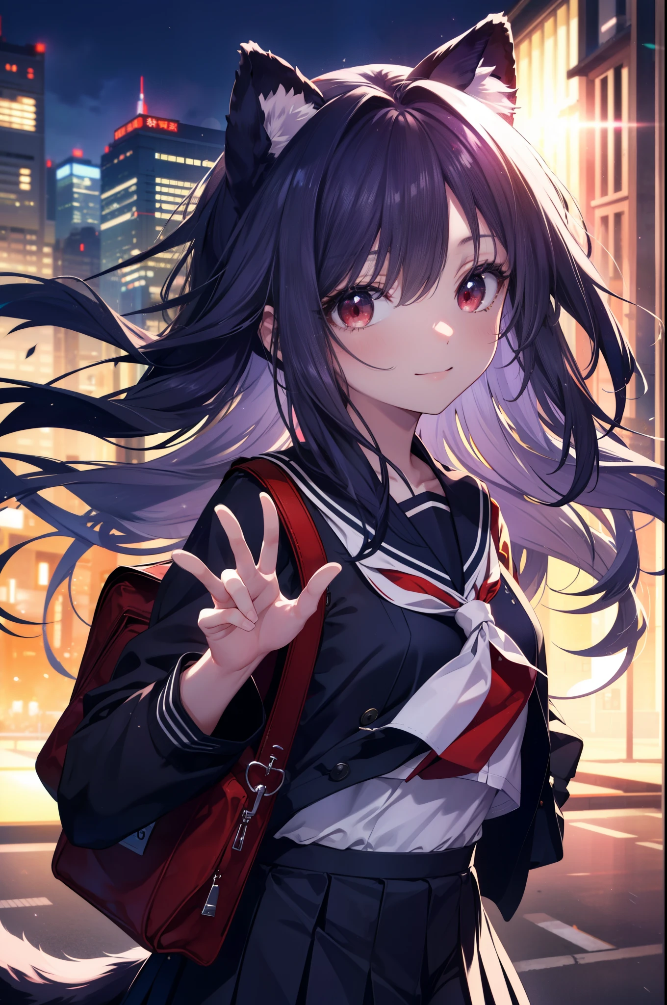 Yuki Konno, Yuki Konno, hair band, long hair, animal ears(drooping dog ears,dog tail), purple hair, (red eyes:1.5), (small breasts:1.2),smile ,Japanese high school girl uniform(black sailor suit),red cardigan,black pleated skirt,white pantyhose,black loafers,He breaks his school bag and looks at the audience., Upper body, whole body,
rest outdoors, city,Break it on the way to school (masterpiece:1.2), highest quality, High resolution, unity 8k wallpaper, (shape:0.8), (beautiful and detailed eyes:1.6), highly detailed face, perfect lighting, Very detailed CG, (perfect hands, perfect anatomy),