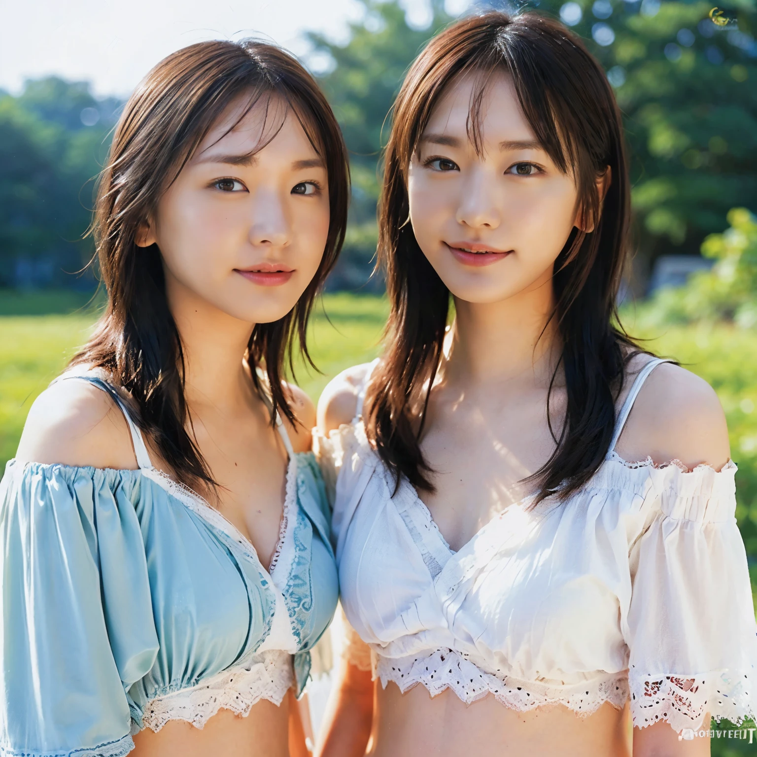 identical twin sisters, (8k, RAW photo, highest quality, masterpiece:1.2), (realistic, photo-realistic:1.4), (Highly detailed CG Unity 8k wallpaper), (blurry_background:1.3), blurry_prospect, depth_of_field, (super detailed), (Best Illustration), (最高of影), ultra high resolution, close up photo, (detailed face:1.4), compensate, beautiful eyes, good looking, long hair, Upper body, (colorful short shirt with off shoulder and lace trim:1.2), cleavage, small breasts, slim, perfect skin, Asian, Are standing, beach, coastal, 手ofひら_wood, water, summer, professional lighting,lalisamanoban