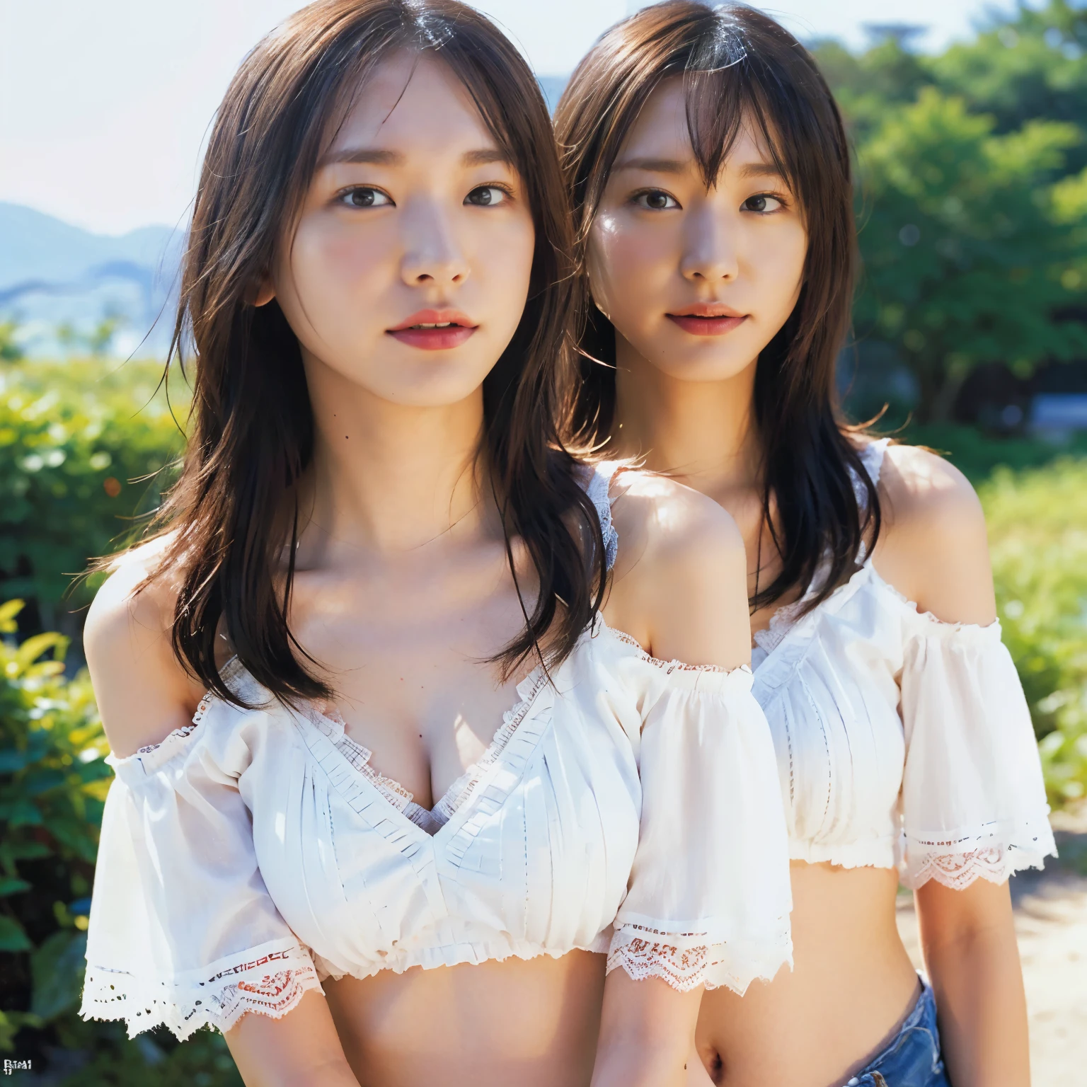identical twin sisters, (8k, RAW photo, highest quality, masterpiece:1.2), (realistic, photo-realistic:1.4), (Highly detailed CG Unity 8k wallpaper), (blurry_background:1.3), blurry_prospect, depth_of_field, (super detailed), (Best Illustration), (最高of影), ultra high resolution, close up photo, (detailed face:1.4), compensate, beautiful eyes, good looking, long hair, Upper body, (colorful short shirt with off shoulder and lace trim:1.2), cleavage, small breasts, slim, perfect skin, Asian, Are standing, beach, coastal, 手ofひら_wood, water, summer, professional lighting,lalisamanoban