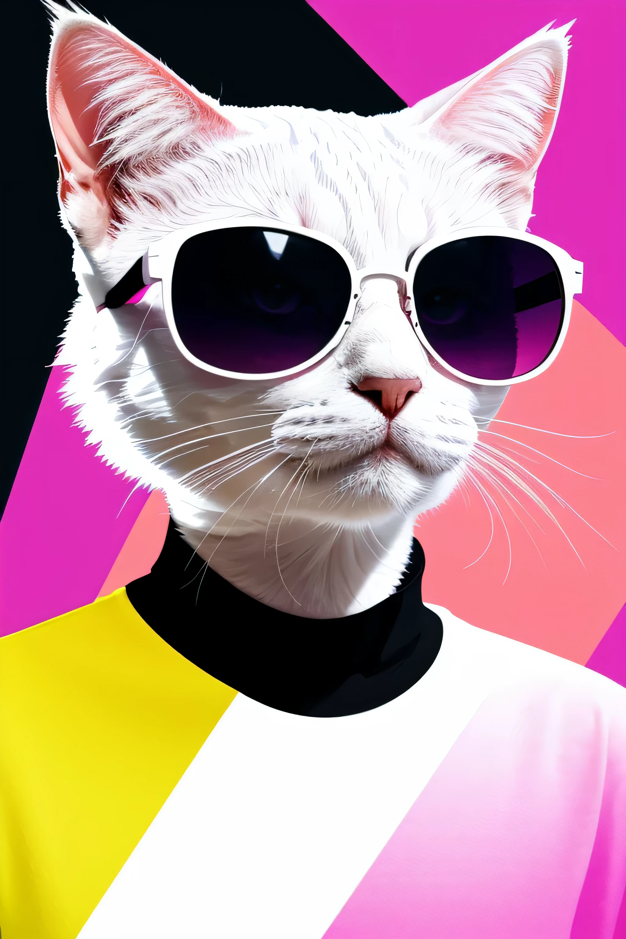 distance from view, vector for t-shirt design, white cat with shapes pink sunglasses standing on the green and yellow panels behind, in the style of ethereal light effects, minimalistic portraits, dark black and pink, intense gaze, colorful installations, portraits with soft lighting, bold lines, vivid colors -