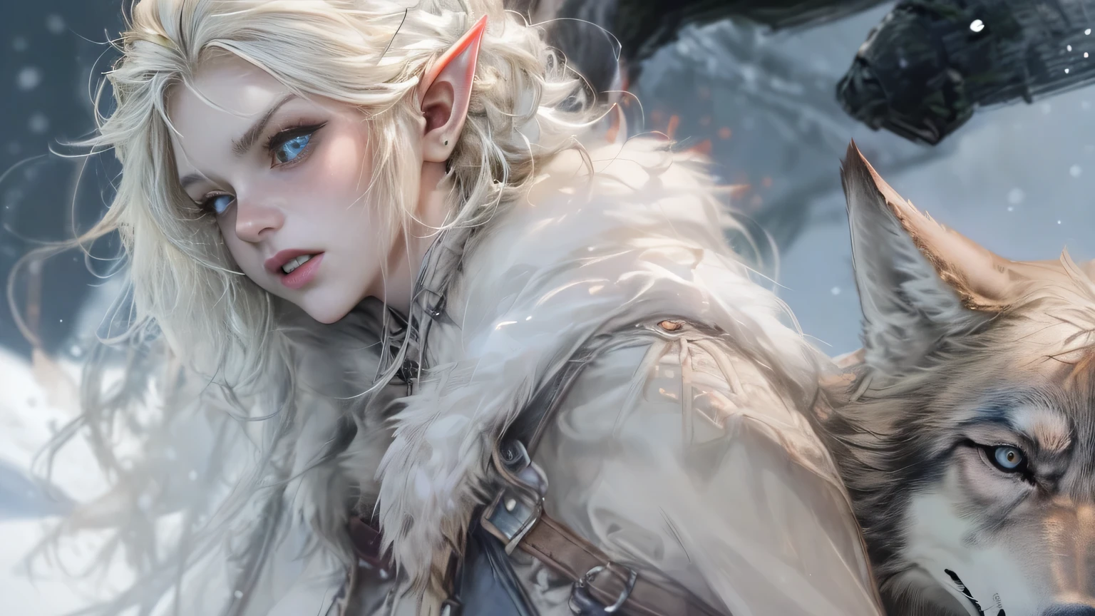 ((enlargement)), ((masterpiece, best quality)), (fractal art:1.3), viking elf girl, big 가슴, fancy, Standing with ancient A wolf, concept yoji shinkawa, concept art, painting, Frank Prazzetta(Frank Prazzetta)(Frank Prazzetta(Frank Prazzetta)), break, (elf:1.2), 1 woman, alone, (blonde hair:1.15), blunt bangs, (hair between eyes), blue eyes, fury, woe, tear, (Beautiful and detailed face:1.2),Art style by Artgerm, Vadim Kashin(Vadim Kashin), author: Kawashi, break, (1 animal), ((A wolf)), fluffy, big, White fur, break, ((ancient viking clothes)),fluffy cloak, big breast, Long black gloveless pantyhose with white boots..., break, Eyelashes, eye shadow, pink eye shadow, break, very detailed, dynamic angle, dynamic shot, The most beautiful form of chaos, elegant, brutal design, The background is a ruined castle wall covered with snow in winter.,