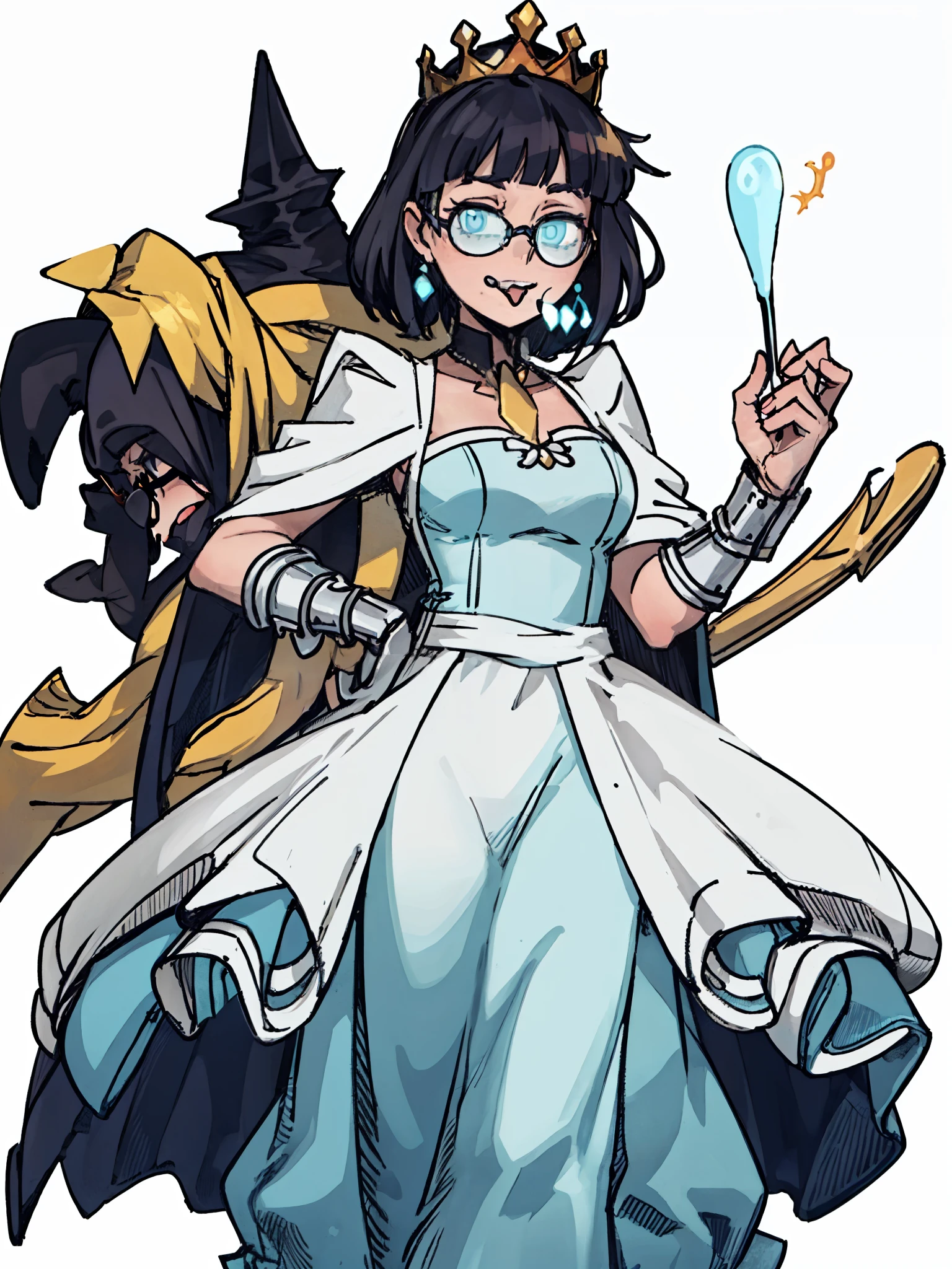 ((a woman,AvarezaPrincess,Glasses,lick tongue,Cyan with white dress,)),front,Half body,black hair,Princess,cloak,temperament,beauty,Mature,Avareza,Different world,middle Ages,White background
