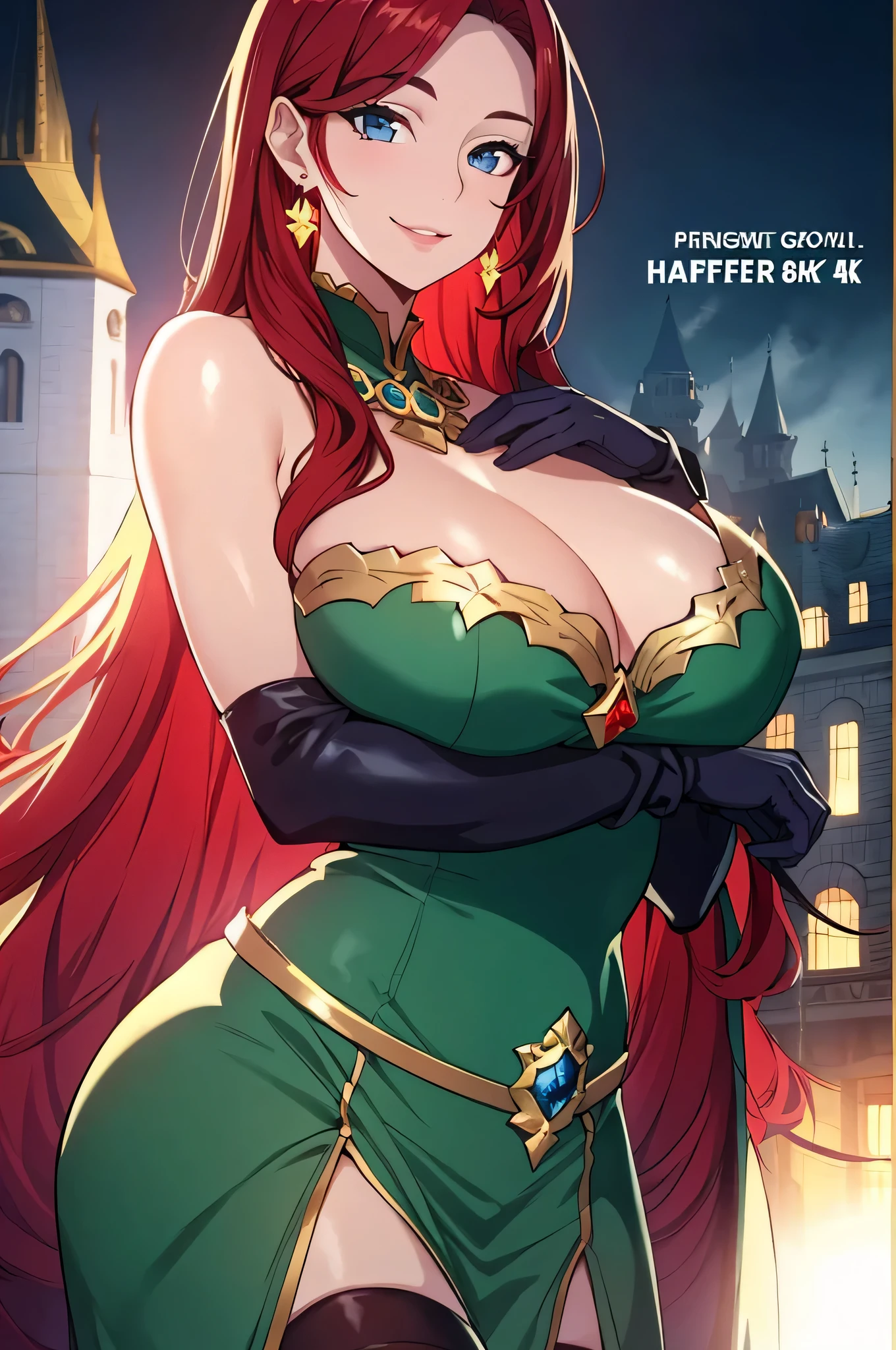 Lian, red hair, hair stick, bangs, blue eyes, solo, smiling, standing, upper body, hips, bare shoulders,purple thighhighs, green dress, gold jewelry,armor,gloves,circlet, cleavage, red and gold royal castle, gigantic breasts, (best quality, masterpiece, beautiful and aesthetic:1.2, highest detailed face, perfect face,)  eyes, perfect face,expressive eyes,
looking at viewer, in the center of the image,(Upper_body),(Focus on her face),
official art,extremely detailed CG unity 8k wallpaper, perfect lighting,Colorful, Bright_Front_face_Lighting,shiny skin, 
(masterpiece:1.0),(best_quality:1.0), ultra high res,4K,ultra-detailed
