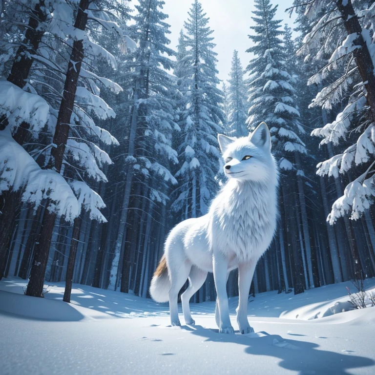 (best quality,4k,8k,highres,masterpiece:1.2),ultra-detailed,(realistic,photorealistic,photo-realistic:1.37),arctic fox in a snowy landscape,winter wonderland,a stunning white fox with icy blue eyes,soft and fluffy fur,dancing gracefully on the snow,curled tail,glistening snowflakes,frost-covered trees,subtle shades of blue and white,colorful northern lights in the sky,magical and ethereal atmosphere,majestic and solitary presence,serene and peaceful environment,surreal beauty,delicate footprints in the snow,vivid contrast between the fox's fur and the snowy surroundings,luminous glow on the fox's coat,gentle breeze carrying the scent of pine,crisp and cold air,quiet and stillness,pure and untouched wilderness,harmony between nature and wildlife,sublime and breathtaking scenery,spectacular display of winter's enchantment,mesmerizing and hypnotic sight,magical realism in nature's masterpiece.