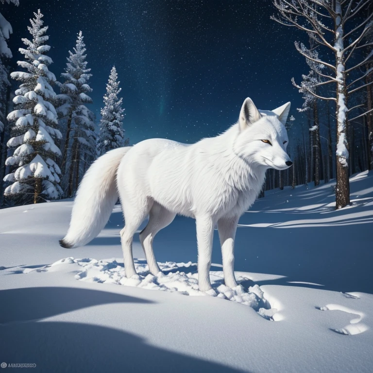 (best quality,4k,8k,highres,masterpiece:1.2),ultra-detailed,(realistic,photorealistic,photo-realistic:1.37),arctic fox in a snowy landscape,winter wonderland,a stunning white fox with icy blue eyes,soft and fluffy fur,dancing gracefully on the snow,curled tail,glistening snowflakes,frost-covered trees,subtle shades of blue and white,colorful northern lights in the sky,magical and ethereal atmosphere,majestic and solitary presence,serene and peaceful environment,surreal beauty,delicate footprints in the snow,vivid contrast between the fox's fur and the snowy surroundings,luminous glow on the fox's coat,gentle breeze carrying the scent of pine,crisp and cold air,quiet and stillness,pure and untouched wilderness,harmony between nature and wildlife,sublime and breathtaking scenery,spectacular display of winter's enchantment,mesmerizing and hypnotic sight,magical realism in nature's masterpiece.