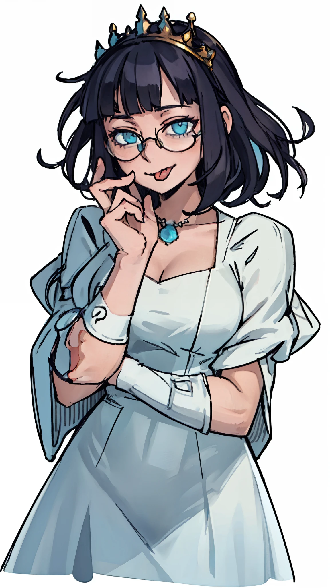 ((a woman,AvarezaPrincess,Glasses,lick tongue,Cyan with white dress,)),front,Half body,black hair,Princess,cloak,temperament,beauty,Mature,Avareza,Different world,middle Ages,White background