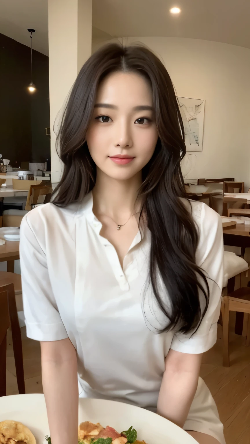 ((top-quality、8k、masterpiece:1.3))、Beautiful woman with perfect body:1.4、slim abdomen:1.2、Longhair, normal breast, Highly detailed facial and skin texture, A detailed eye, delicate eyes, double eyelid, (smile), (full body shot), ((restaurant 1.1)), (sitting on chair), (((wearing white uniform)), looking in front, (food on table)