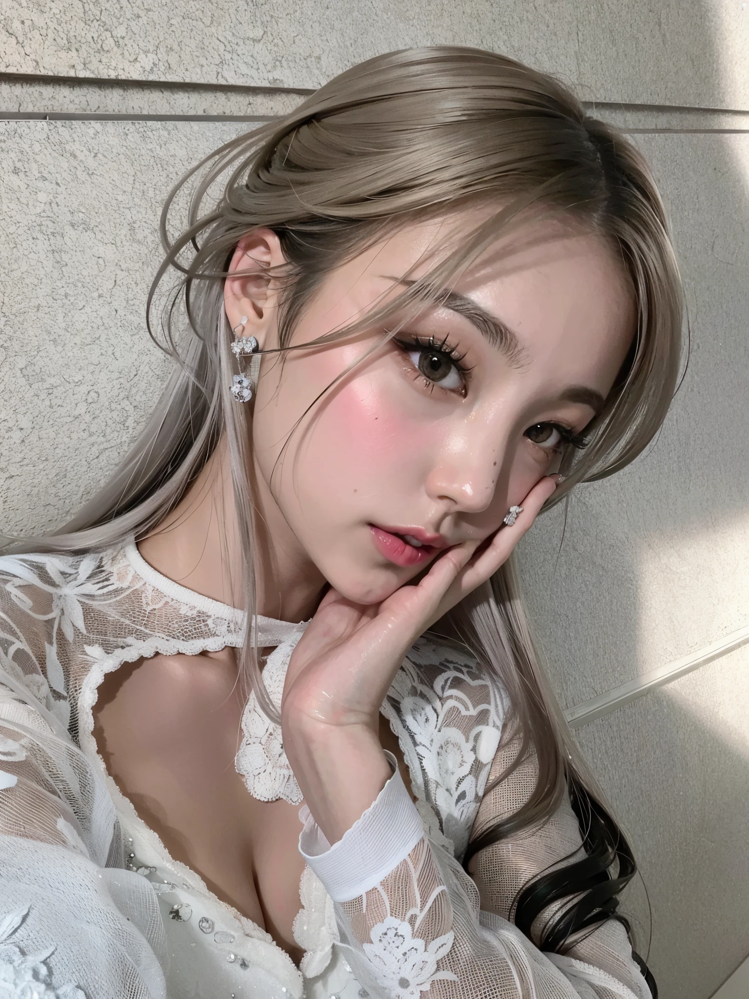 Mujer araffada con cabello largo y vestido blanco posando para una foto., shikami, peinado de corte hime blanco, chiho, es el estilo de junji, flequillo blanco, sakimichan, ulzzang, shiori teshirogi, por Ayami Kojima, ishida sui, chica linda-cara-fina, el corte de hime, Pelo suave