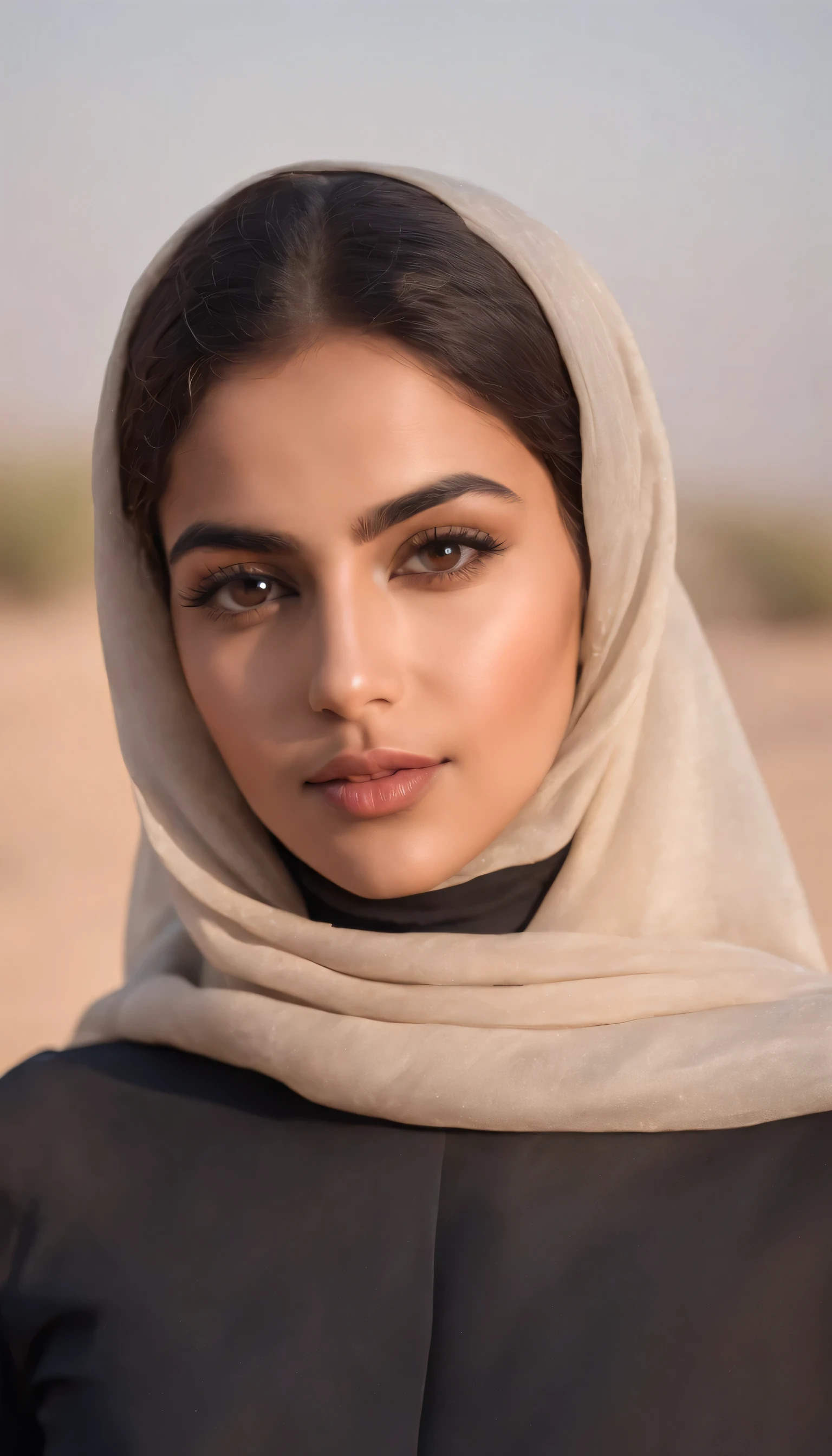 ((best quality)), ((Meisterwerk)), (Detailliert), Perfektes Gesicht, 1.1, Hochdetaillierte Gesichts- und Hautstruktur, Detaillierte Augen, brown eyes, brown colored eyes, cute makeup, Amira 23 year old arabic beauty, in dubai palm with head scarf and modest clothing with sunset behind her, full body picture from far away