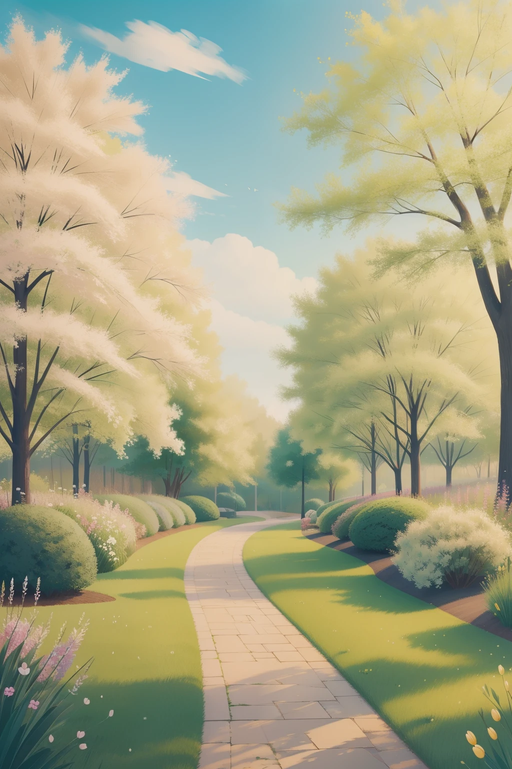 A minimalist digital illustration with a soft green background, resembling the lush hues of early spring in March. Sparse figures leisurely walk along a winding path through a tranquil park, surrounded by budding trees and patches of vibrant flowers, capturing the simplicity and beauty of the season.