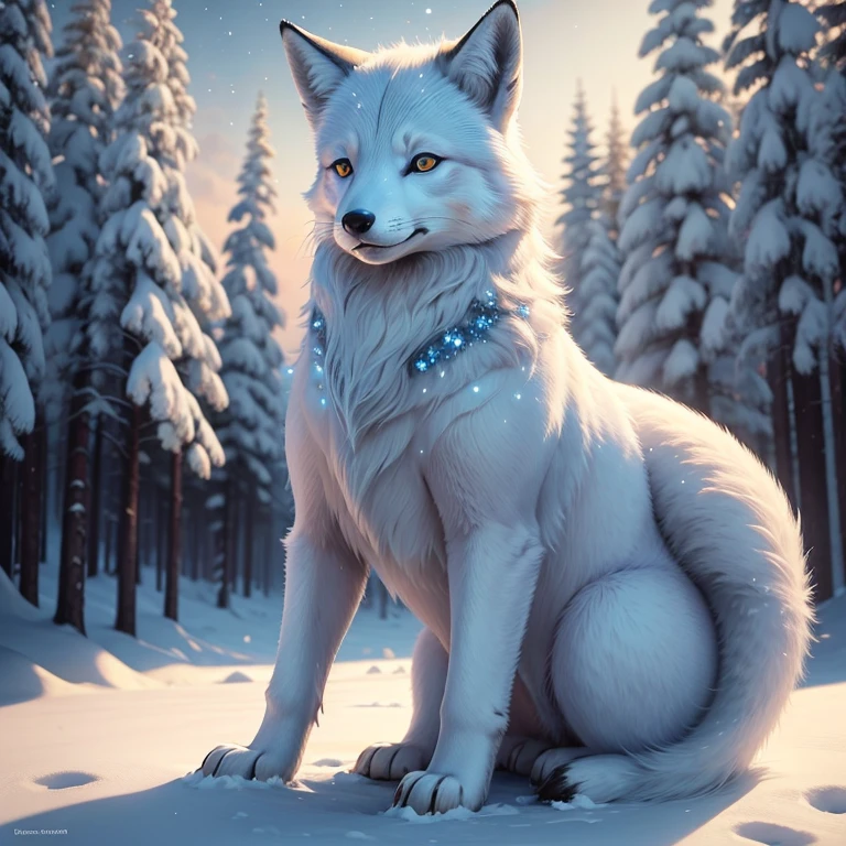 (best quality,4k,8k,highres,masterpiece:1.2),ultra-detailed,(realistic,photorealistic,photo-realistic:1.37),arctic fox in a snowy landscape,winter wonderland,a stunning white fox with icy blue eyes,soft and fluffy fur,dancing gracefully on the snow,curled tail,glistening snowflakes,frost-covered trees,subtle shades of blue and white,colorful northern lights in the sky,magical and ethereal atmosphere,majestic and solitary presence,serene and peaceful environment,surreal beauty,delicate footprints in the snow,vivid contrast between the fox's fur and the snowy surroundings,luminous glow on the fox's coat,gentle breeze carrying the scent of pine,crisp and cold air,quiet and stillness,pure and untouched wilderness,harmony between nature and wildlife,sublime and breathtaking scenery,spectacular display of winter's enchantment,mesmerizing and hypnotic sight,magical realism in nature's masterpiece.
