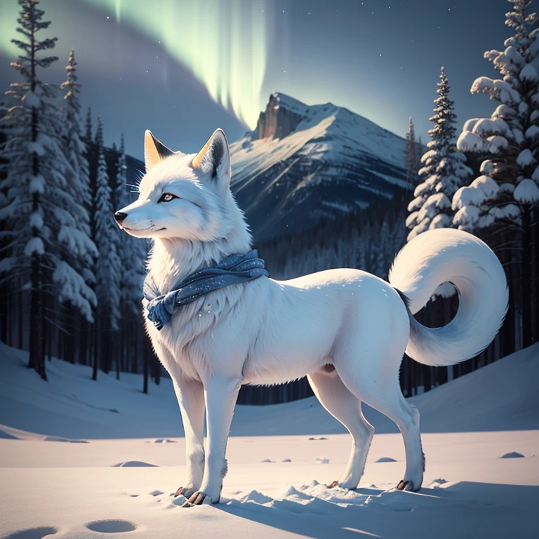 (best quality,4k,8k,highres,masterpiece:1.2),ultra-detailed,(realistic,photorealistic,photo-realistic:1.37),arctic fox in a snowy landscape,winter wonderland,a stunning white fox with icy blue eyes,soft and fluffy fur,dancing gracefully on the snow,curled tail,glistening snowflakes,frost-covered trees,subtle shades of blue and white,colorful northern lights in the sky,magical and ethereal atmosphere,majestic and solitary presence,serene and peaceful environment,surreal beauty,delicate footprints in the snow,vivid contrast between the fox's fur and the snowy surroundings,luminous glow on the fox's coat,gentle breeze carrying the scent of pine,crisp and cold air,quiet and stillness,pure and untouched wilderness,harmony between nature and wildlife,sublime and breathtaking scenery,spectacular display of winter's enchantment,mesmerizing and hypnotic sight,magical realism in nature's masterpiece.