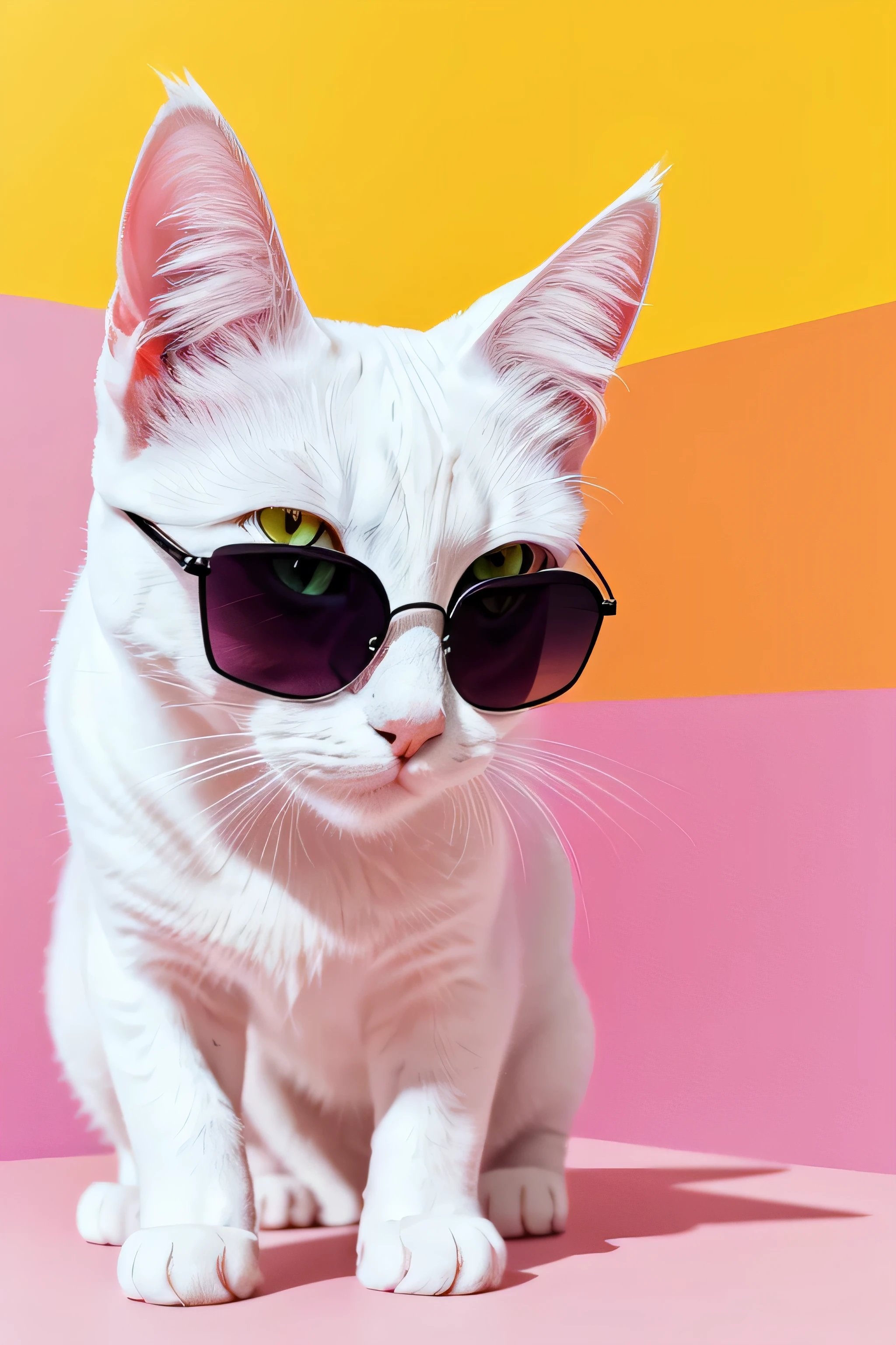 distance from view, vector for t-shirt design, white cat with shapes pink sunglasses standing on the green and yellow panels behind, in the style of ethereal light effects, minimalistic portraits, dark black and pink, intense gaze, colorful installations, portraits with soft lighting, bold lines, vivid colors -