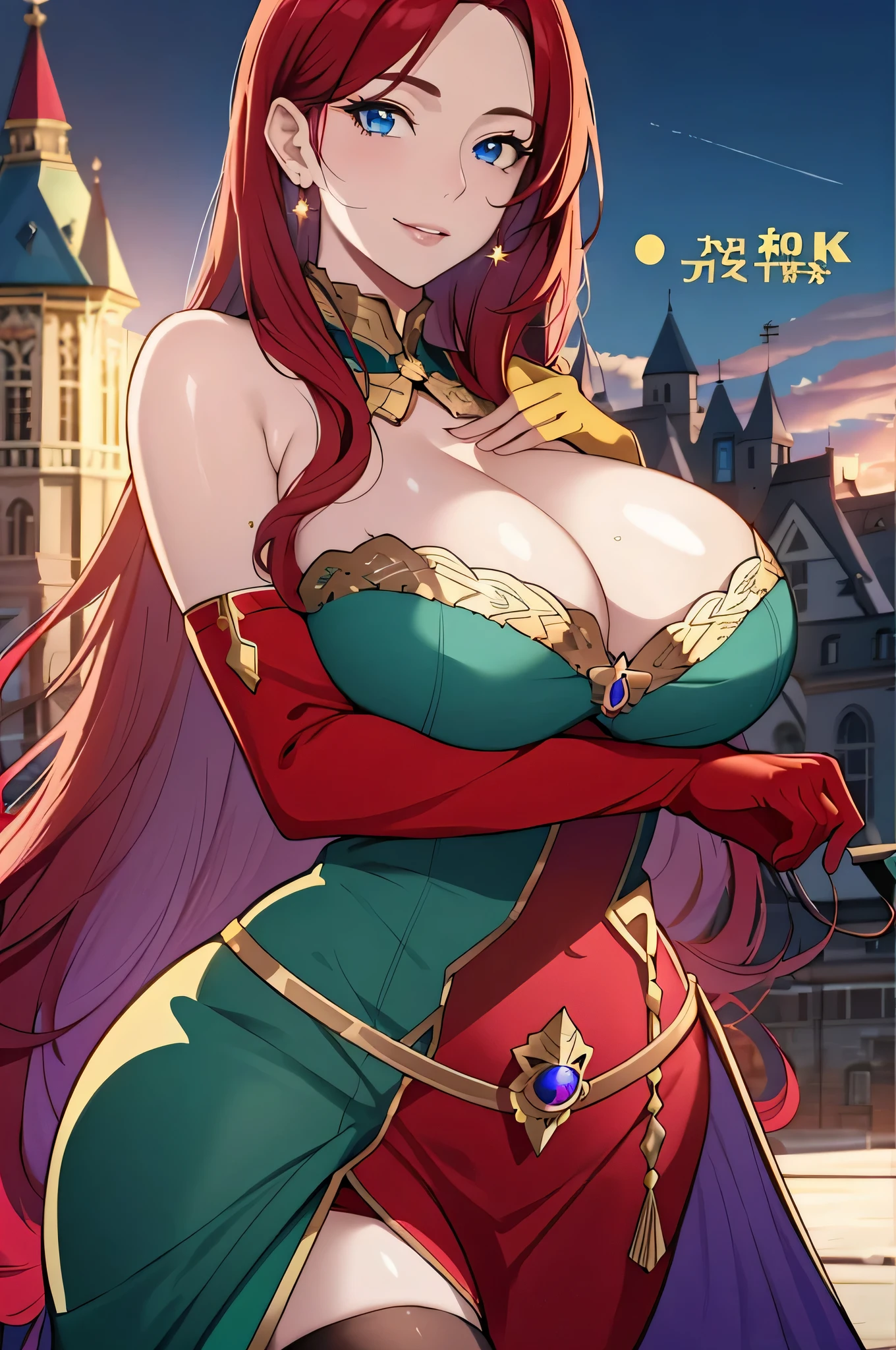 Lian, red hair, hair stick, bangs, blue eyes, solo, smiling, standing, upper body, hips, bare shoulders,purple thighhighs, green dress, gold jewelry,armor,gloves,circlet, cleavage, red and gold royal castle, gigantic breasts, (best quality, masterpiece, beautiful and aesthetic:1.2, highest detailed face, perfect face,)  eyes, perfect face,expressive eyes,
looking at viewer, in the center of the image,(Upper_body),(Focus on her face),
official art,extremely detailed CG unity 8k wallpaper, perfect lighting,Colorful, Bright_Front_face_Lighting,shiny skin, 
(masterpiece:1.0),(best_quality:1.0), ultra high res,4K,ultra-detailed
