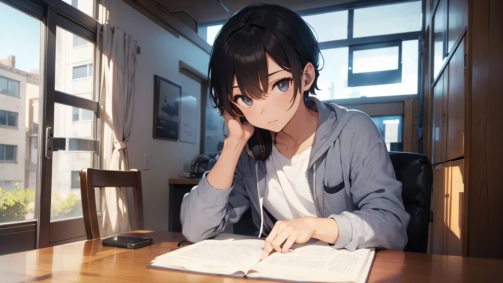 Young man studying with headphones on