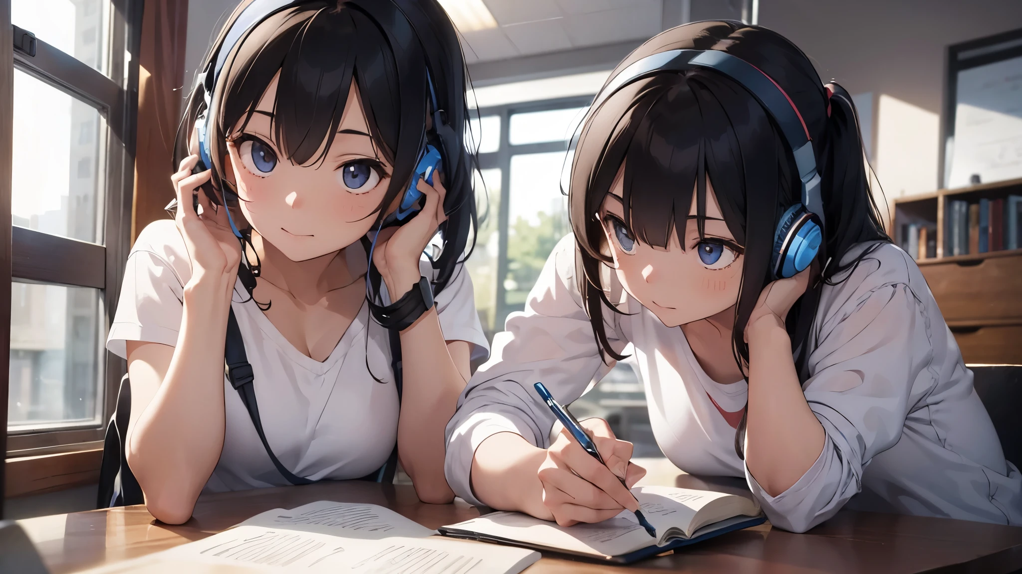 Young man studying with headphones on