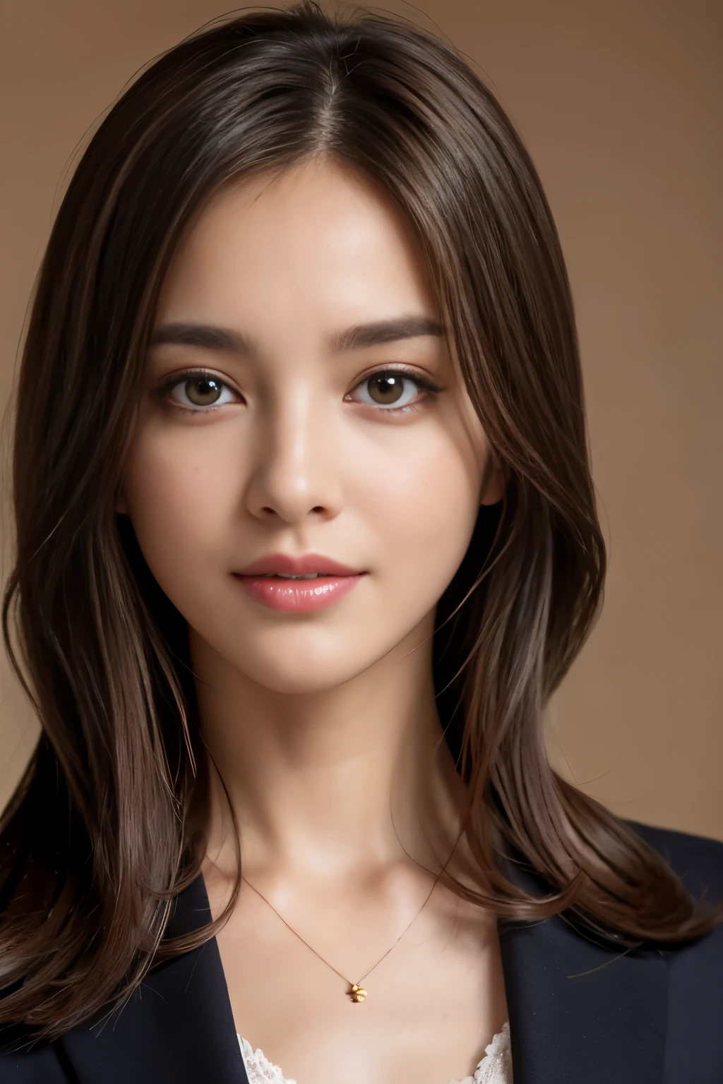 best quality, realistically, super detailed, detailed pubic hair, High resolution, solid color background，8k wallpaper, 1 beautiful woman,,light brown messy hair, wear a dark suit, lock focus, perfect dynamic composition, beautiful eyes, delicate hair, 细致realistically的皮肤纹理, smile, close up portrait, model body shape、((shortcut:1.3)),upward