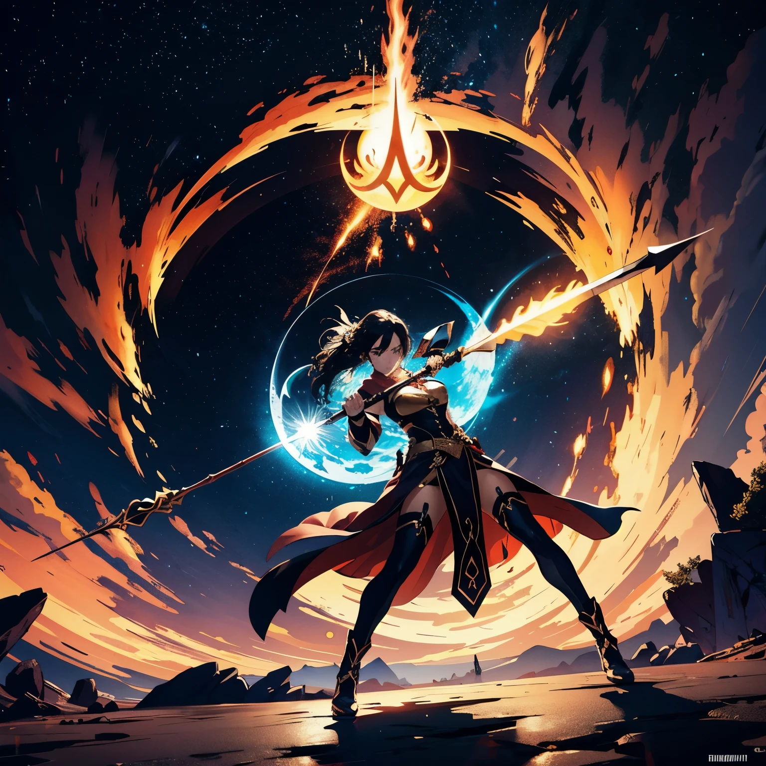 A long spear like a solar furnace, A long spear made of sunlight and flame, A dark aura emanates from the entire spear., When you swing your spear, the surrounding area becomes scorching hot., Gamma ray is emitted from the spear., beautiful spear wielder, Pose swinging a long spear