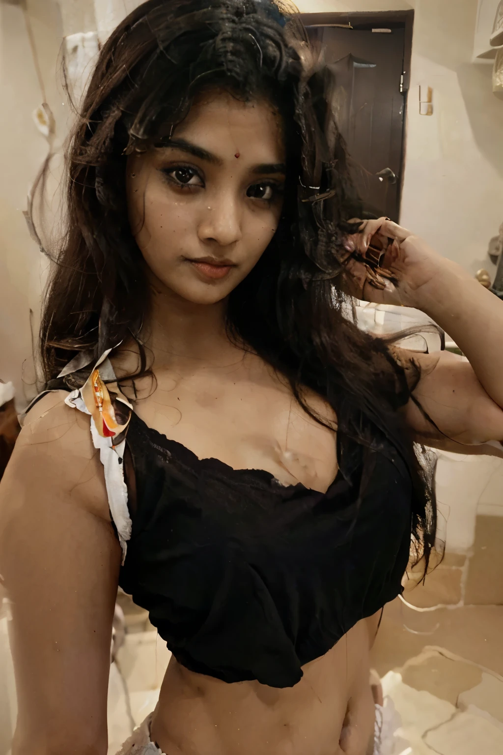 1 cute 18 year old Pakistani girl, with hair style, sticking their side posture asses. in a bed roon.