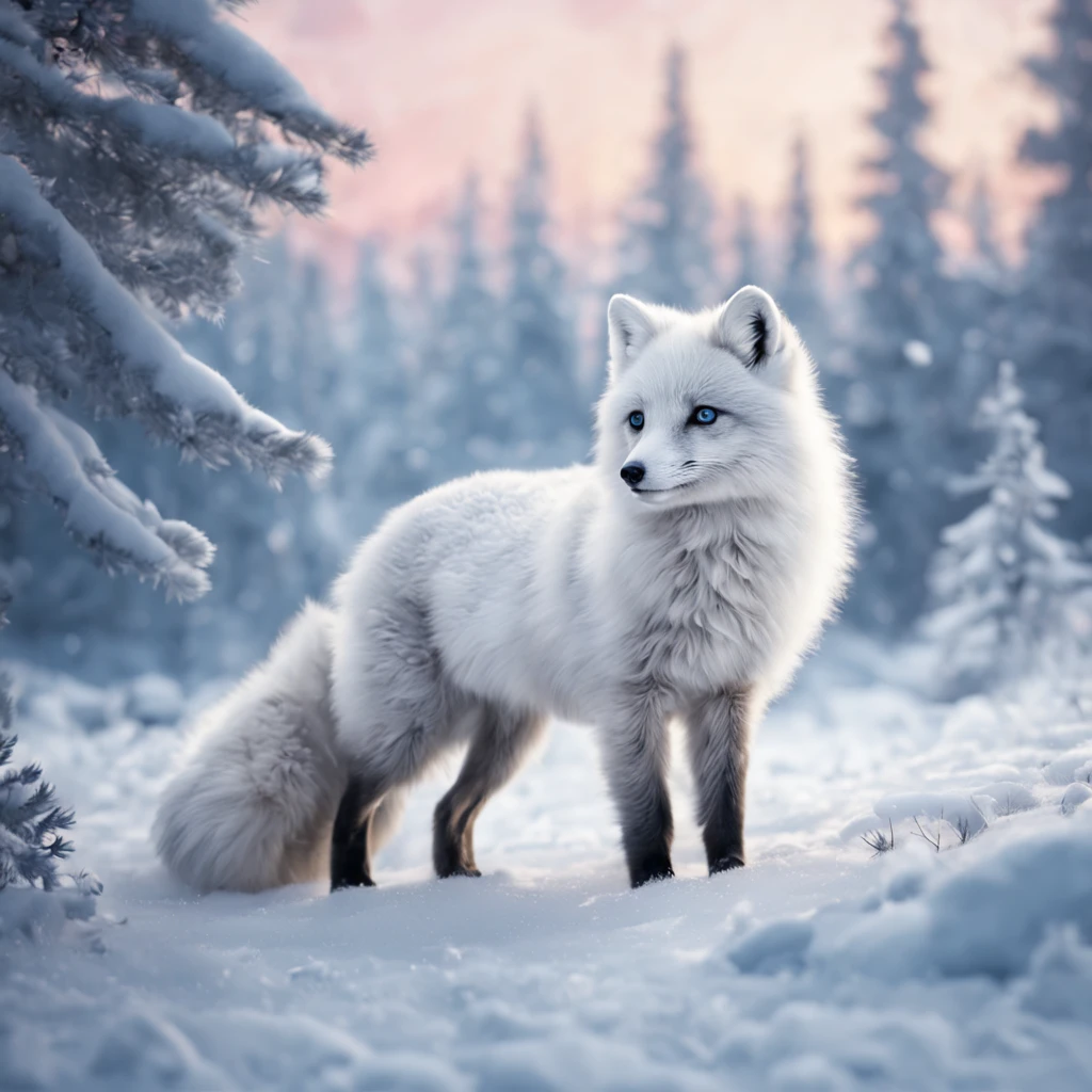 (best quality,4k,8k,highres,masterpiece:1.2),ultra-detailed,(realistic,photorealistic,photo-realistic:1.37),arctic fox in a snowy landscape,winter wonderland,a stunning white fox with icy blue eyes,soft and fluffy fur,dancing gracefully on the snow,curled tail,glistening snowflakes,frost-covered trees,subtle shades of blue and white,colorful northern lights in the sky,magical and ethereal atmosphere,majestic and solitary presence,serene and peaceful environment,surreal beauty,delicate footprints in the snow,vivid contrast between the fox's fur and the snowy surroundings,luminous glow on the fox's coat,gentle breeze carrying the scent of pine,crisp and cold air,quiet and stillness,pure and untouched wilderness,harmony between nature and wildlife,sublime and breathtaking scenery,spectacular display of winter's enchantment,mesmerizing and hypnotic sight,magical realism in nature's masterpiece.