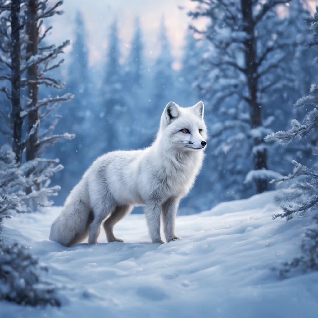 (best quality,4k,8k,highres,masterpiece:1.2),ultra-detailed,(realistic,photorealistic,photo-realistic:1.37),arctic fox in a snowy landscape,winter wonderland,a stunning white fox with icy blue eyes,soft and fluffy fur,dancing gracefully on the snow,curled tail,glistening snowflakes,frost-covered trees,subtle shades of blue and white,colorful northern lights in the sky,magical and ethereal atmosphere,majestic and solitary presence,serene and peaceful environment,surreal beauty,delicate footprints in the snow,vivid contrast between the fox's fur and the snowy surroundings,luminous glow on the fox's coat,gentle breeze carrying the scent of pine,crisp and cold air,quiet and stillness,pure and untouched wilderness,harmony between nature and wildlife,sublime and breathtaking scenery,spectacular display of winter's enchantment,mesmerizing and hypnotic sight,magical realism in nature's masterpiece.