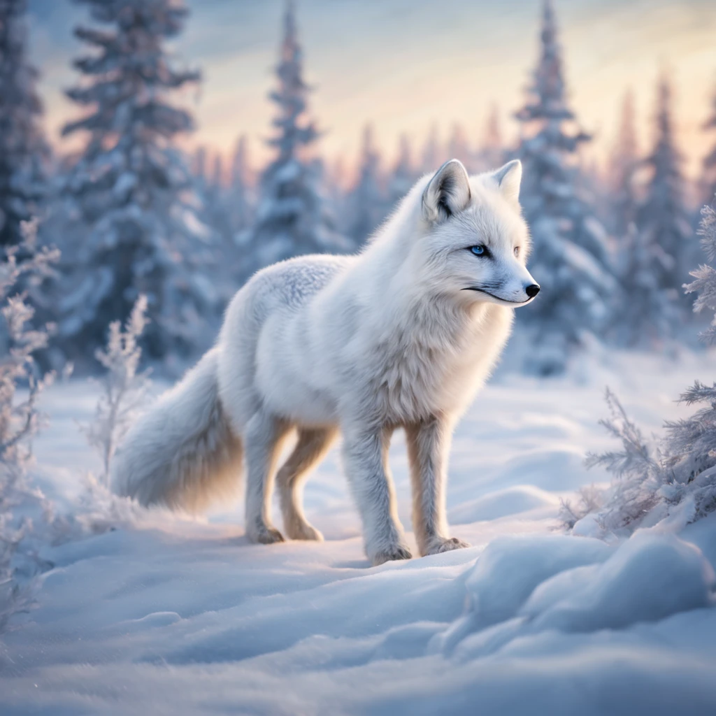 (best quality,4k,8k,highres,masterpiece:1.2),ultra-detailed,(realistic,photorealistic,photo-realistic:1.37),arctic fox in a snowy landscape,winter wonderland,a stunning white fox with icy blue eyes,soft and fluffy fur,dancing gracefully on the snow,curled tail,glistening snowflakes,frost-covered trees,subtle shades of blue and white,colorful northern lights in the sky,magical and ethereal atmosphere,majestic and solitary presence,serene and peaceful environment,surreal beauty,delicate footprints in the snow,vivid contrast between the fox's fur and the snowy surroundings,luminous glow on the fox's coat,gentle breeze carrying the scent of pine,crisp and cold air,quiet and stillness,pure and untouched wilderness,harmony between nature and wildlife,sublime and breathtaking scenery,spectacular display of winter's enchantment,mesmerizing and hypnotic sight,magical realism in nature's masterpiece.