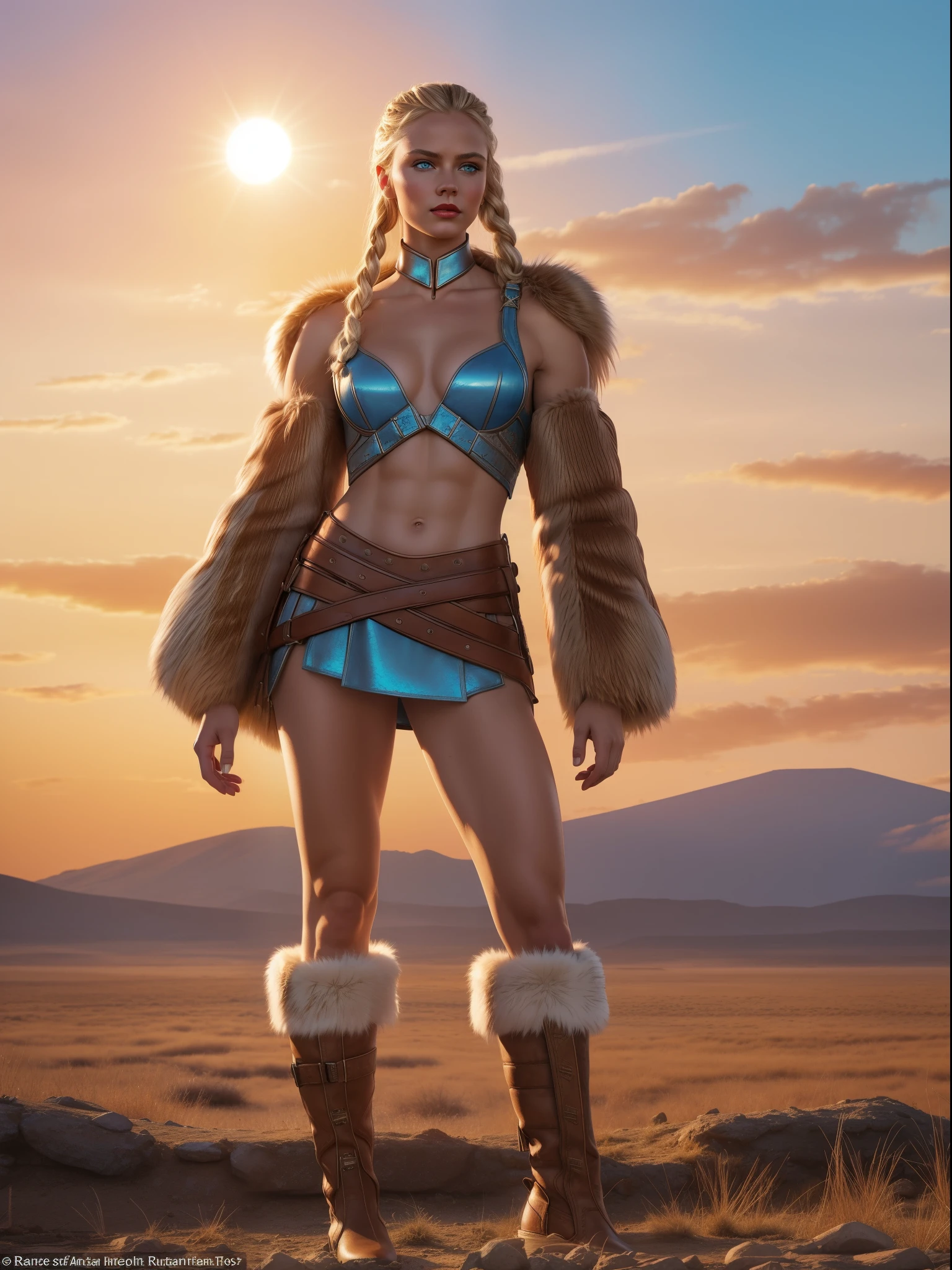A picture depicting a young, beautiful fantasy warrior girl with a muscular, tall, blonde braided hair, enchanting blue eyes, fair skin, and red lips, standing in a barren post - apocalyptic field at sunset, wearing a short animal fur top, short animal fur pants, and animal fur boots, with ultra - detailed leather texture. The photo is realistic, dramatic, and epic - aspect