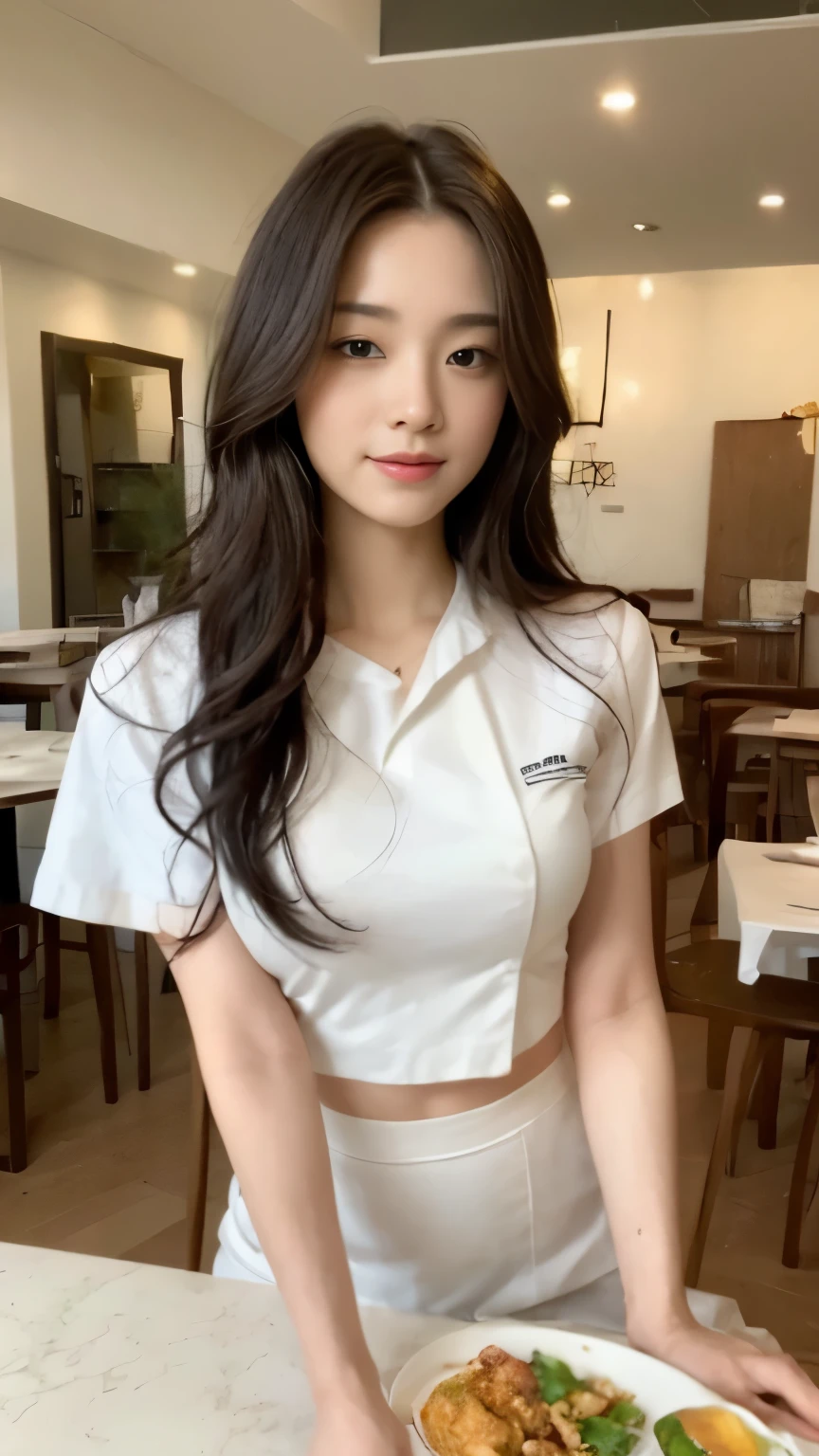 ((top-quality、8k、​masterpiece:1.3))、Beautiful woman with perfect body:1.4、slim abdomen:1.2、Longhair, normal breast, Highly detailed facial and skin texture, A detailed eye, delicate eyes, double eyelid, (smile), (full body shot), ((restaurant 1.1)), (sitting on chair), (((wearing white uniform)), looking in front, (food on table)