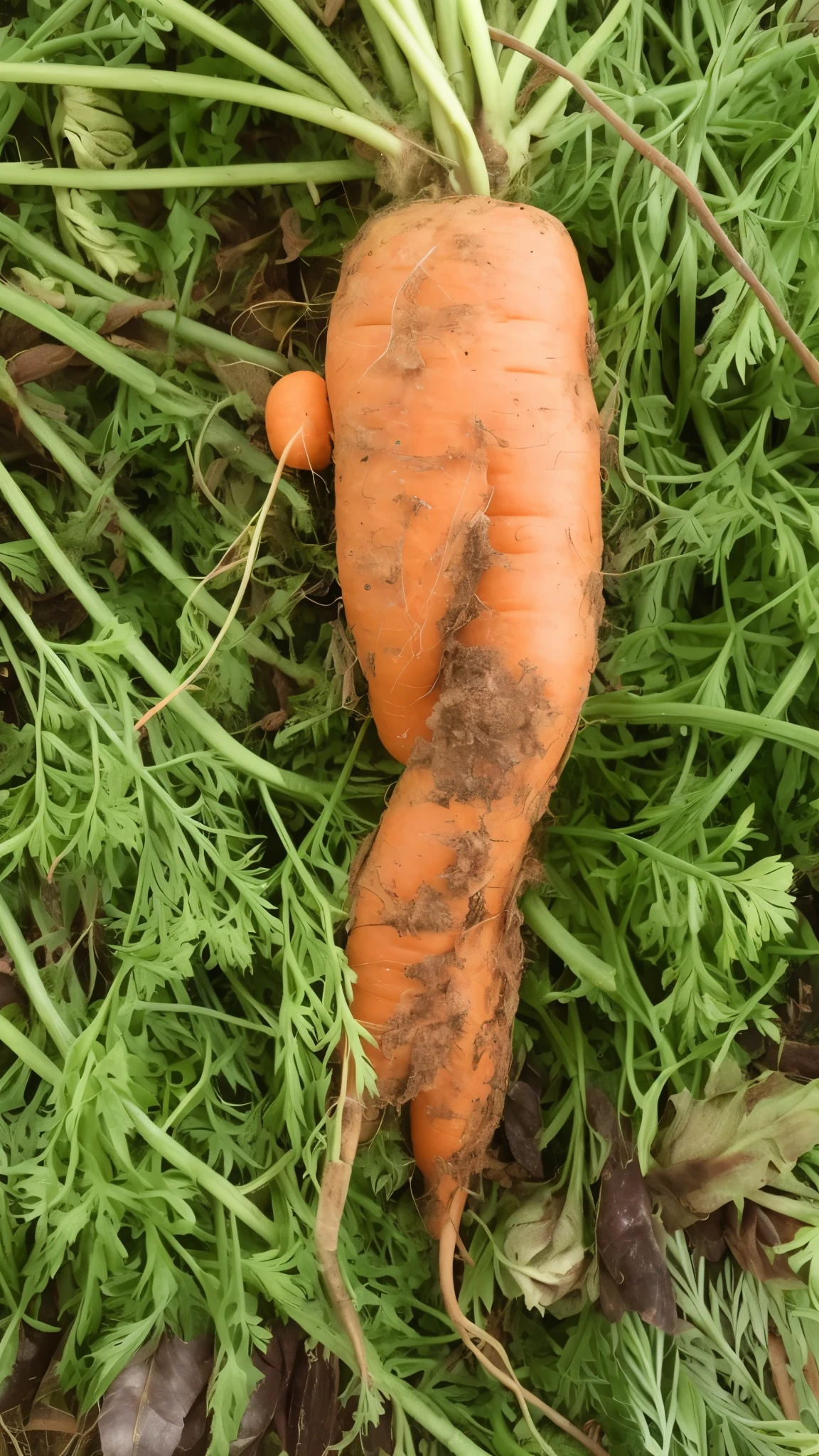 there is a carrot that is laying on the ground with some leaves, carrot, friendly carrot cyborg, carrots, Windfall, very Big breasts, Tuber, really Big breasts, root plant, unedited, Big breasts, unusual composition, Bad photos, Large cornice, carroty hair, uncrop, Real rotten meat