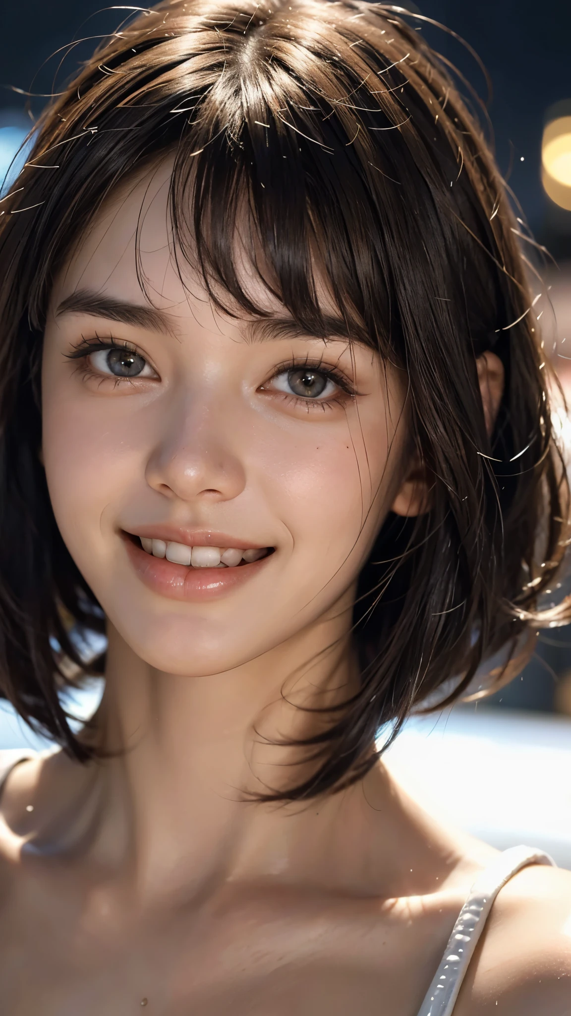 cute 22 year old,1 girl,slim face european cityscape,night,city lights, ((face close up:1.5)),((A smile showing white teeth)),((Bangs cut)),((very short brown hair)),close, 8k, RAW photo, highest quality, masterpiece,realistic, photo-realistic,
